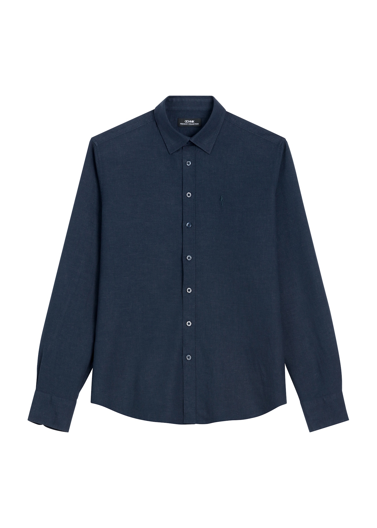 Navy blue linen men's shirt KOSMT-0362-7E(W26), front product view on a light background.