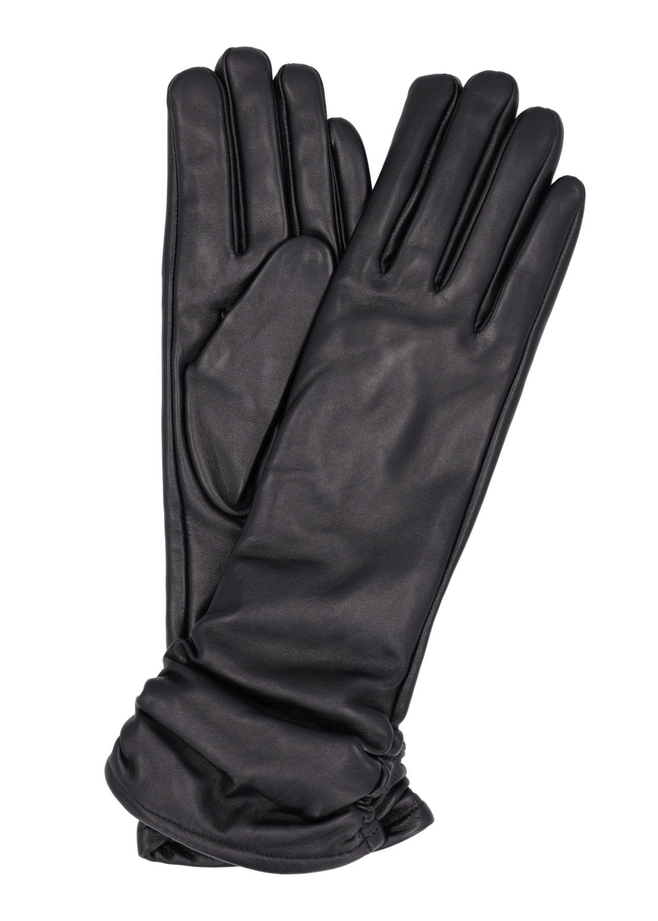 Women's black leather gloves with ruffles REKDS-0102-99(Z26), product view from above on white background.