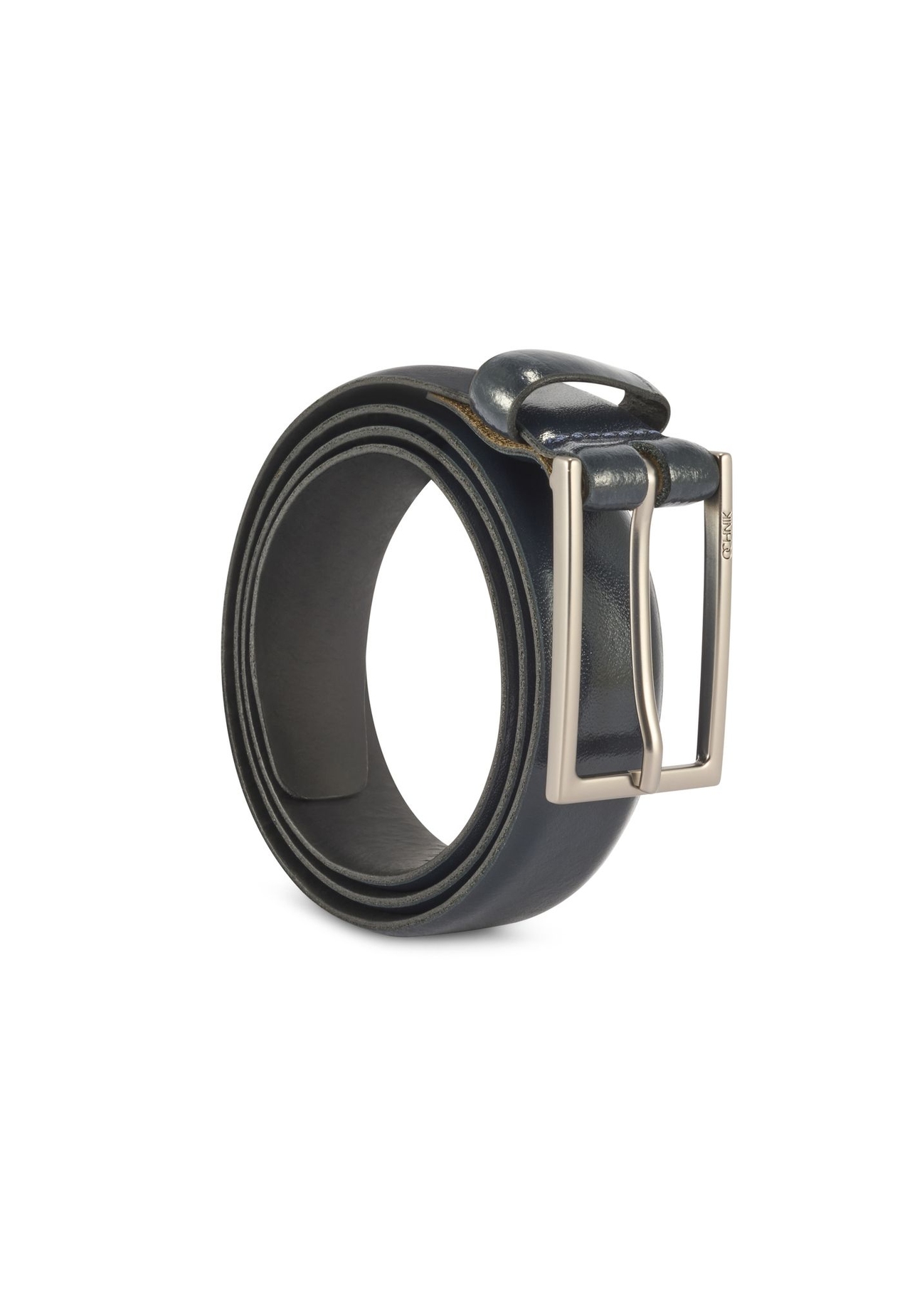 Navy blue men's leather belt PASMS-0256-69(Z25), diagonal product view on white background.