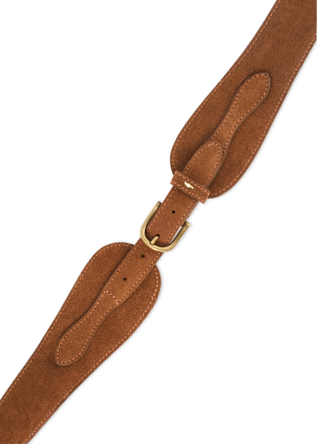 Brown suede women's belt PASDS-0330-89(Z25), view of the clasp of the product on a white background.