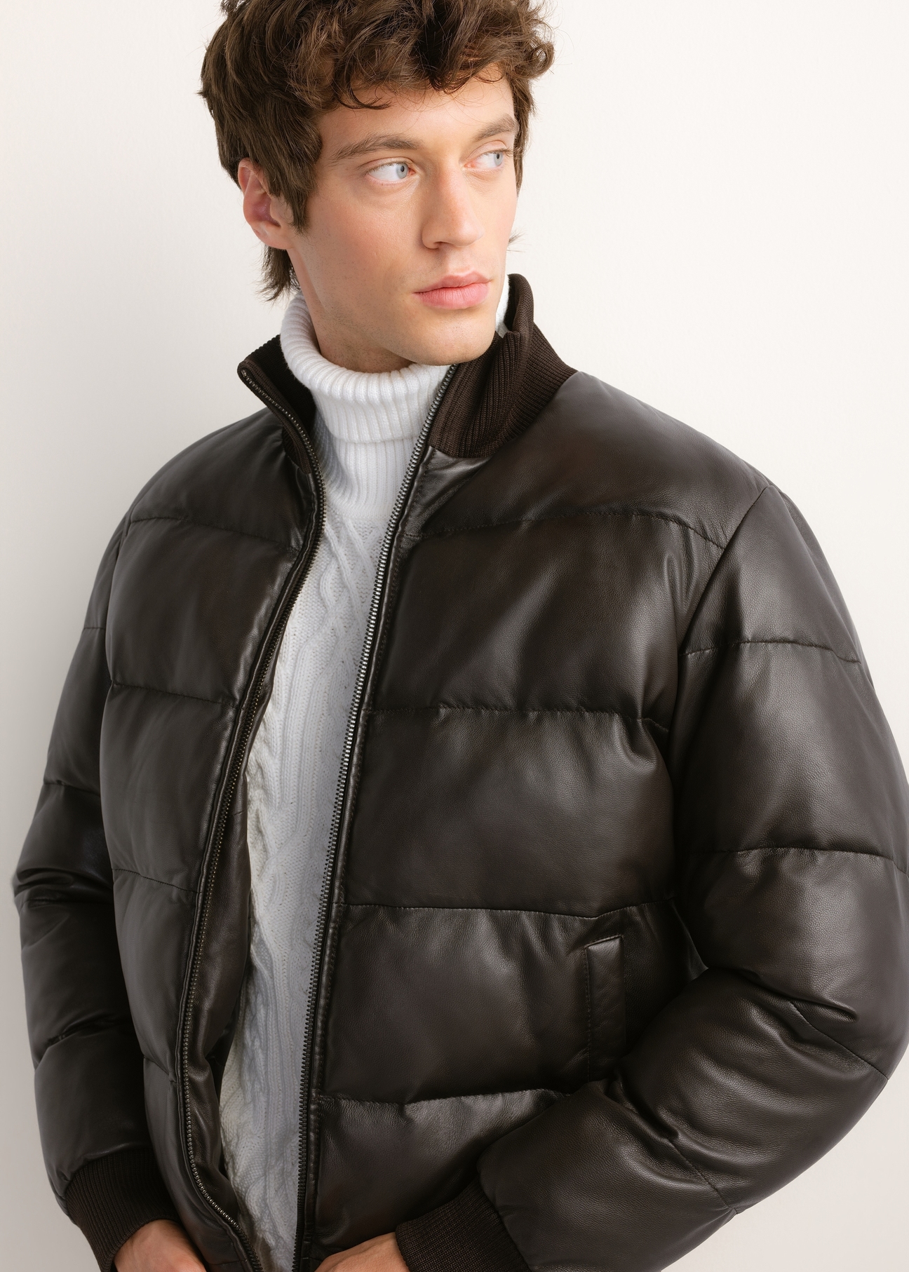 Men's dark brown leather jacket with a stand-up collar (KURMS-0428-1I(Z26)) – product close-up and shown on a model.