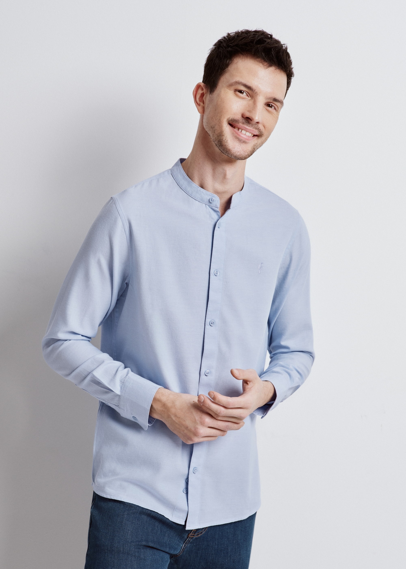 Men's blue collarless shirt KOSMT-0326-61(W24)-01