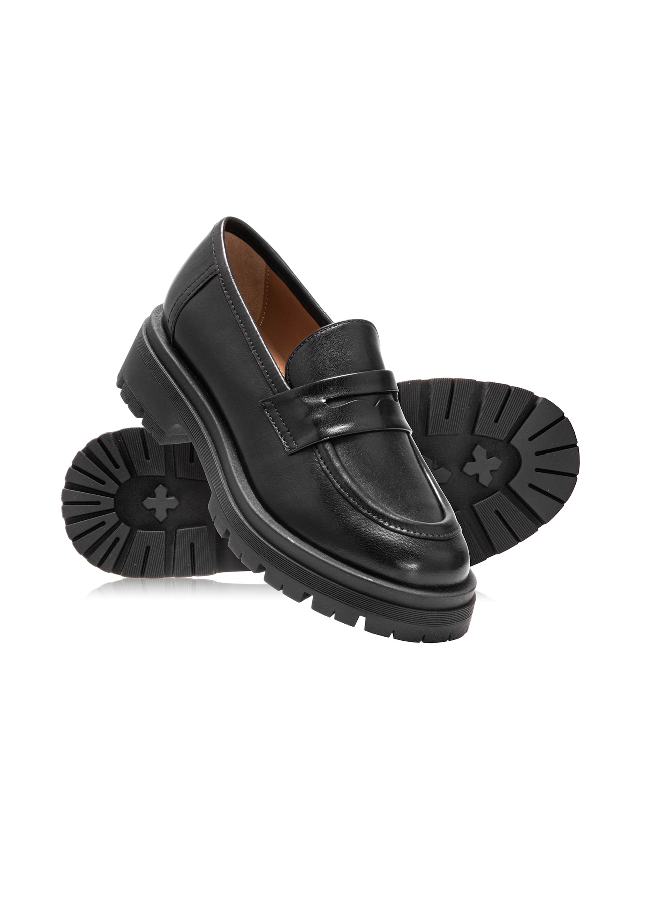 Women's leather moccasins in black BUTYD-1187-99(Z25), product view from the side and soles on a white background.