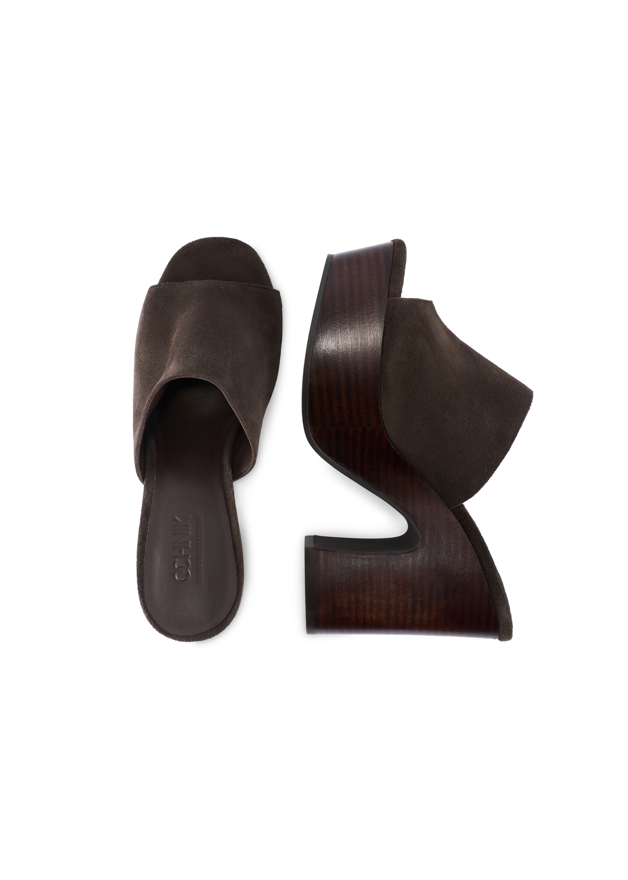 Dark brown leather women's mules on a block heel BUTYD-1275-1I(W26), product view from above on a white background.