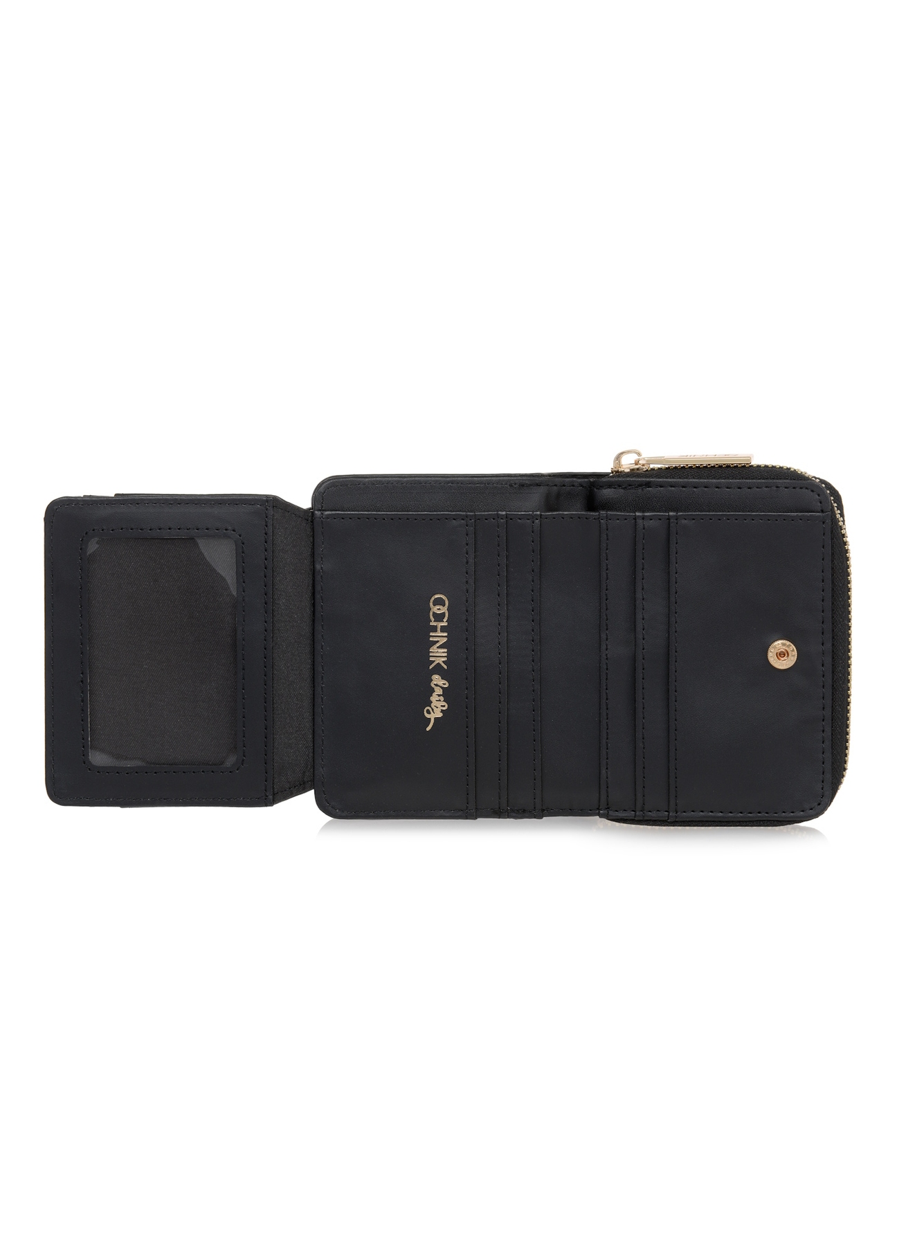 Small black women's wallet with monogram POREC-0349A-99(Z25), product view inside on white background.