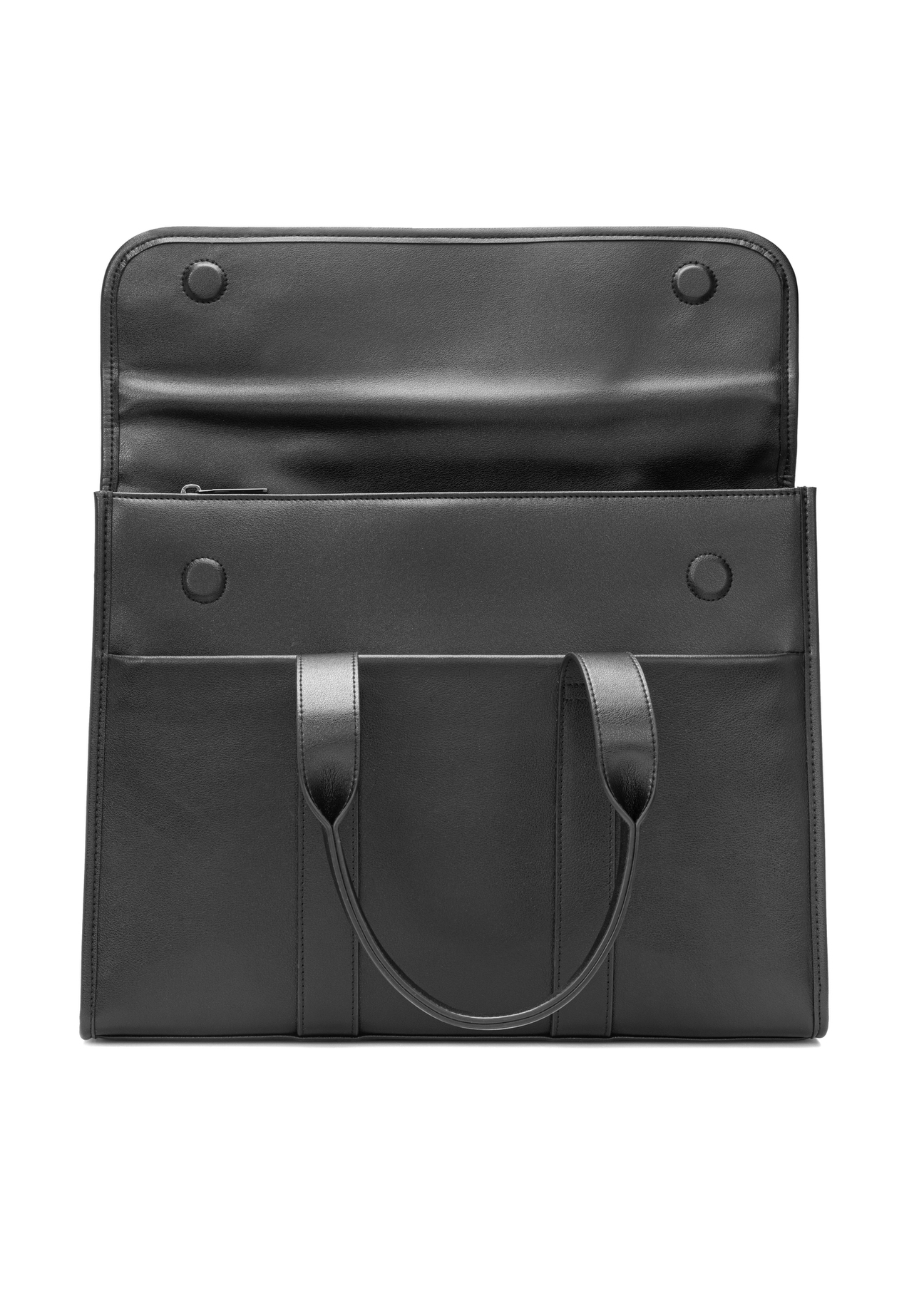 Black leather men's briefcase TORMS-0508-99(W26), product view with open flap on white background.