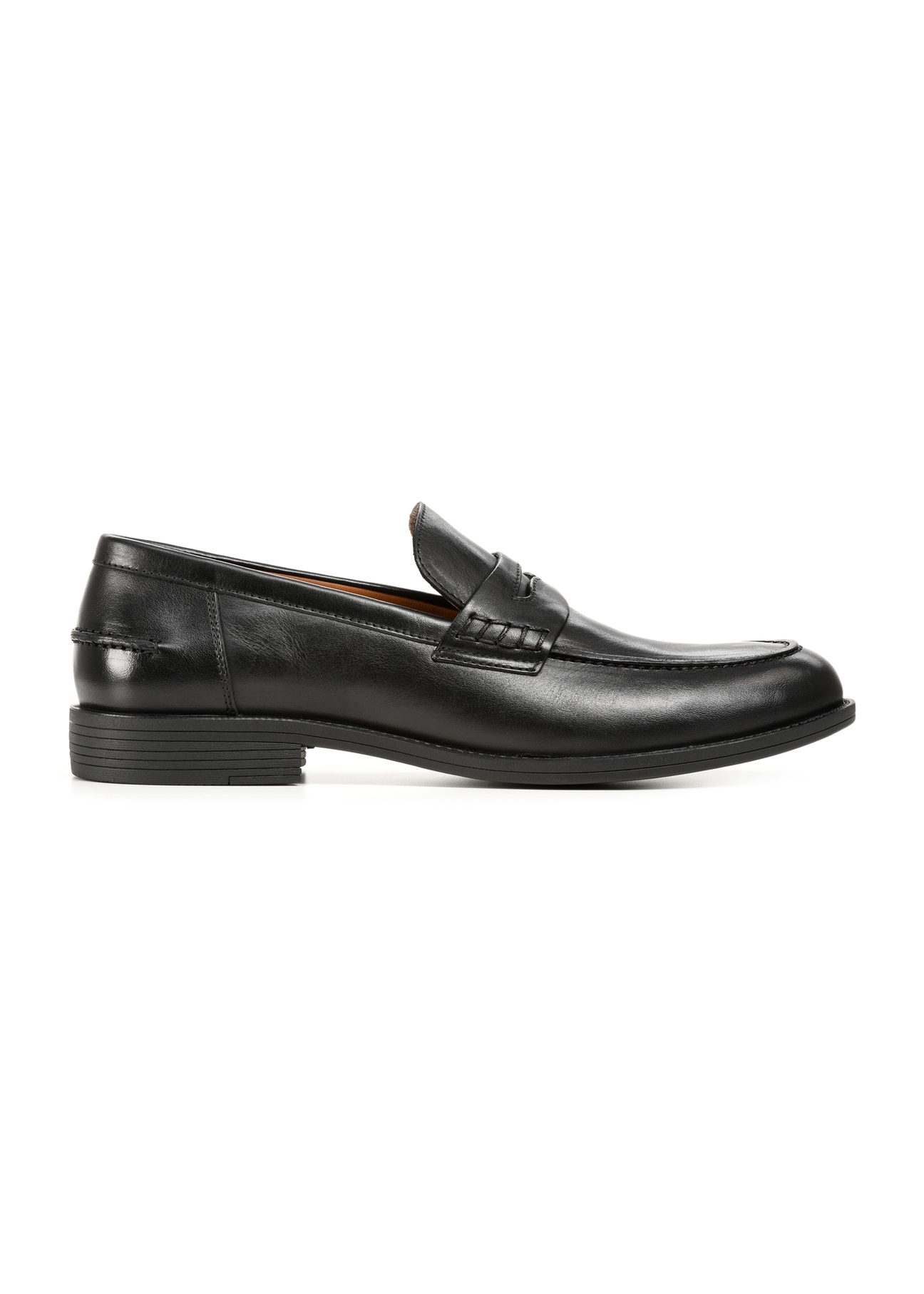 Men's black leather moccasins BUTYM-0482-99(W25), side product view on white background.