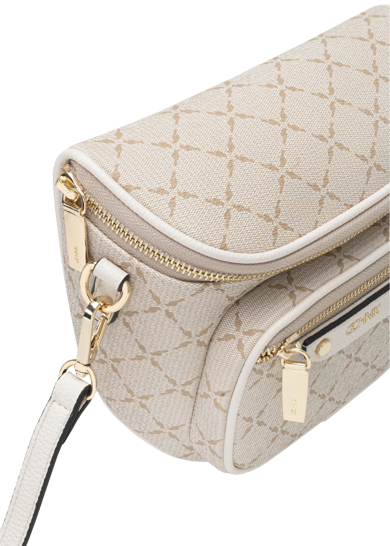 Cream women's waist bag with monogram TOREC-1157-0P(W26) - close-up detail, on white background.