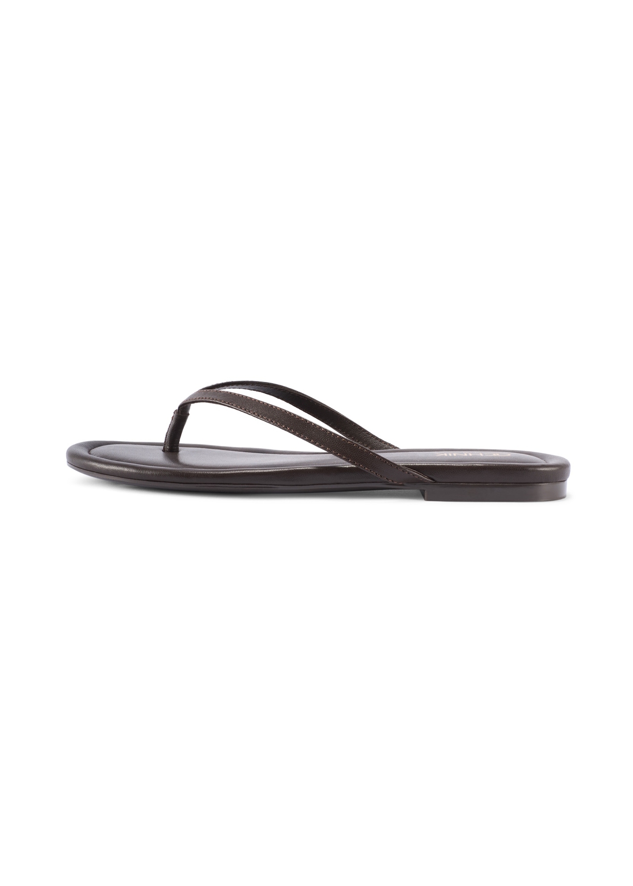 Women's dark brown leather flip-flops BUTYD-1271-1I(W26), side view of the product on a white background.