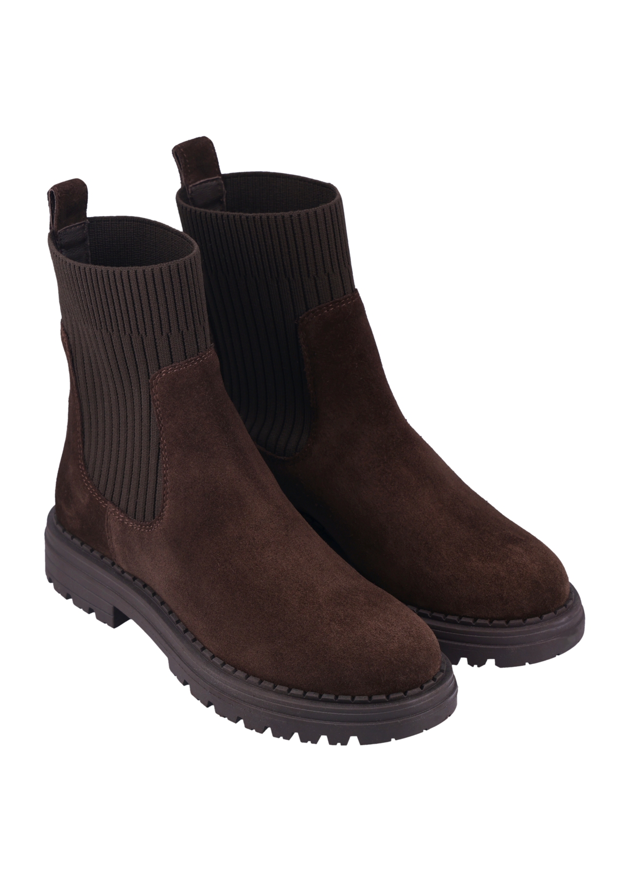 Brown suede women's Chelsea boots BUTYD-1194-1I(Z26), diagonal view of the product on a white background.