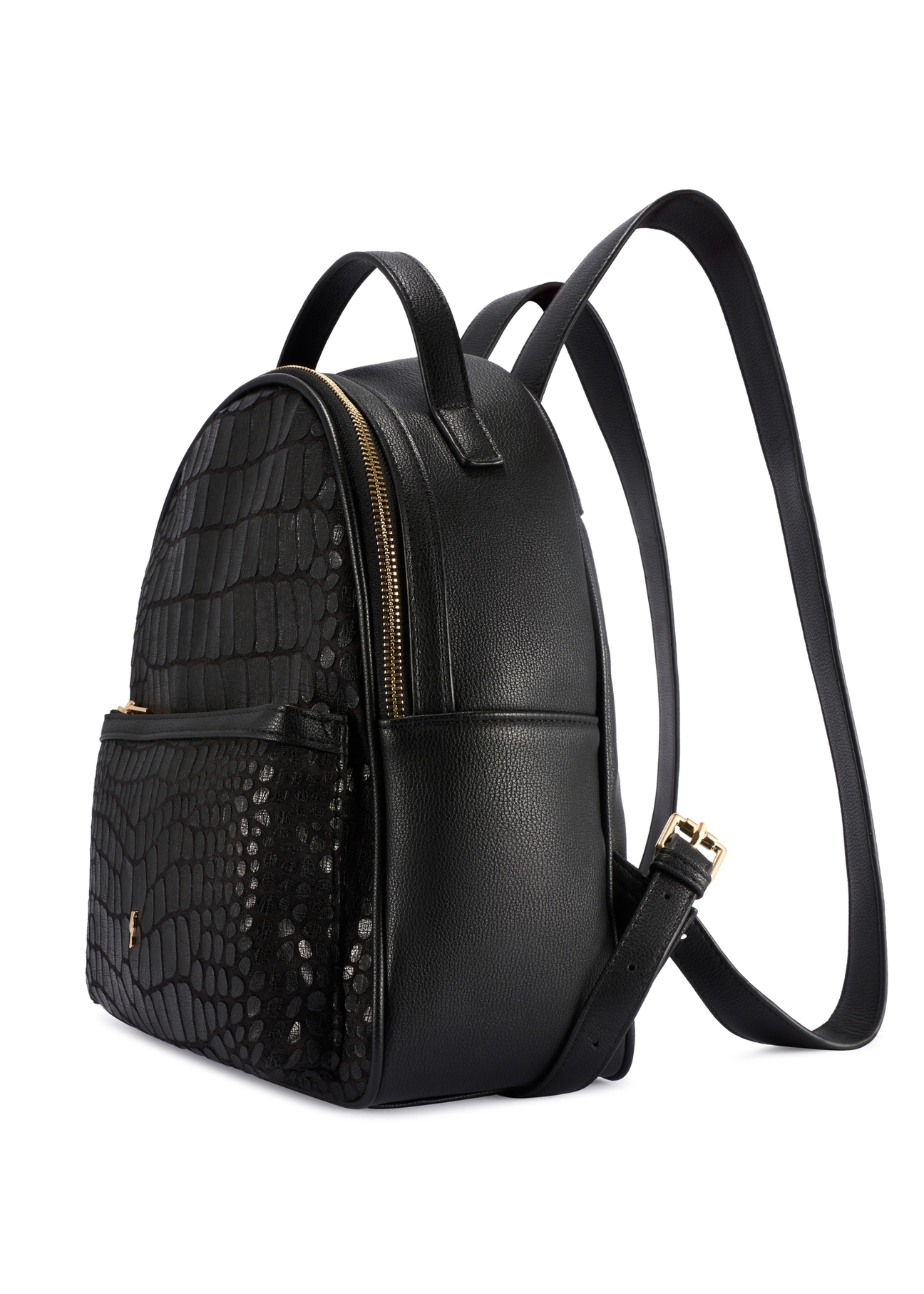 Black medium women's croco backpack TOREC-0920-9G(W26), diagonal product view on white background.