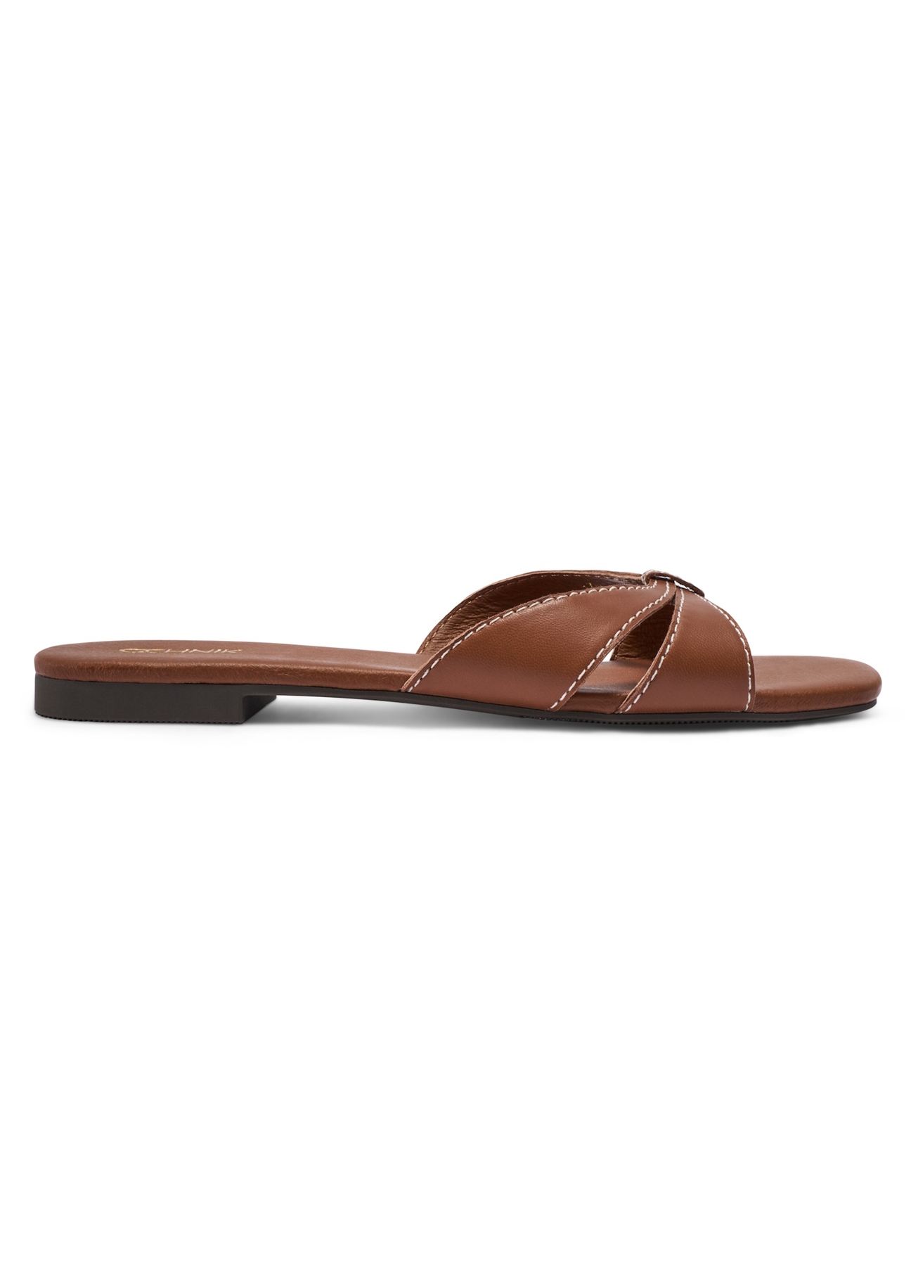 Camel leather women's flip-flops BUTYD-1227-1D(W26), side product view on white background.