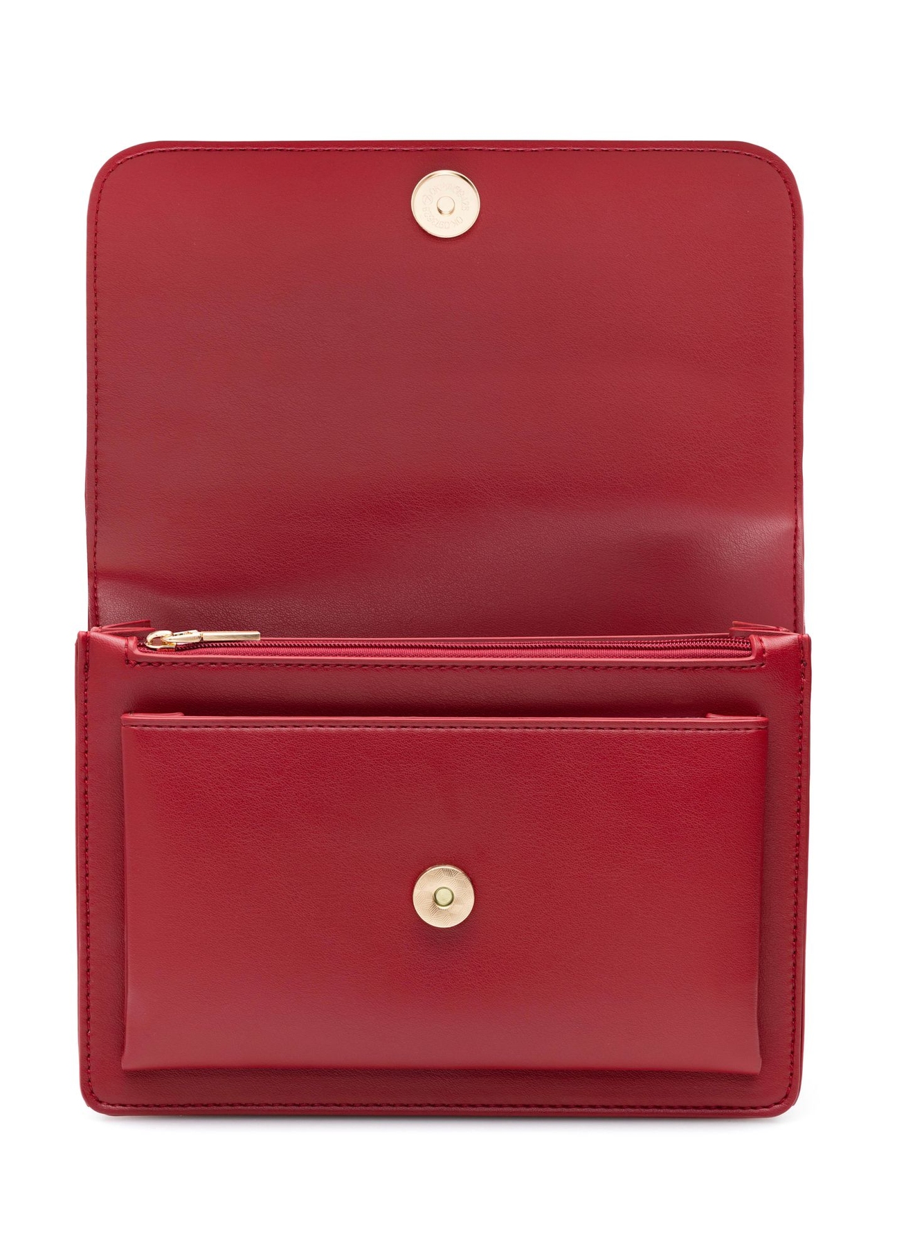 Red women's handbag with monogram TOREC-1155-4B(W26) - front view of the open product on a white background.