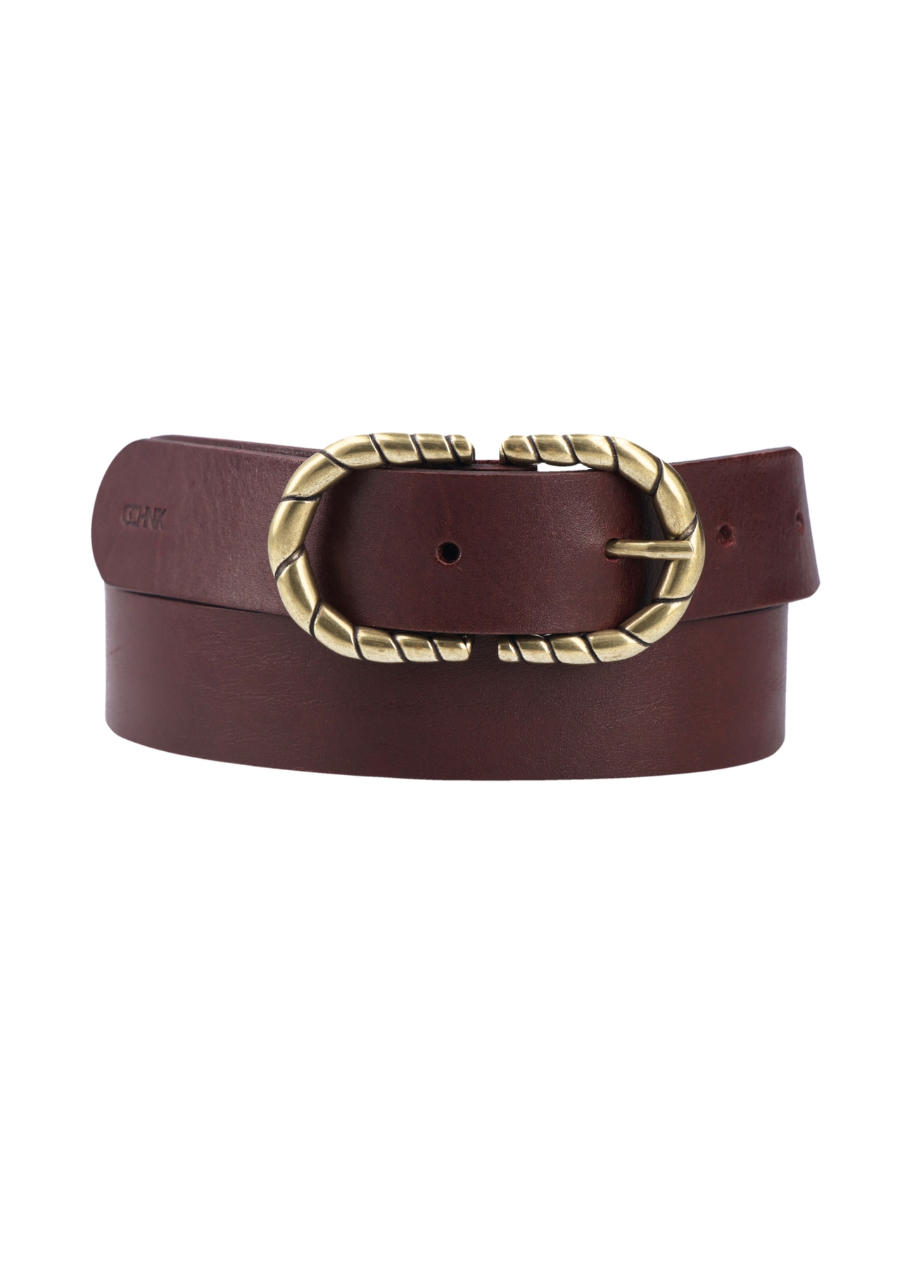 Brown leather belt with decorative buckle PASDS-0354-1H(Z26), front product view on white background.
