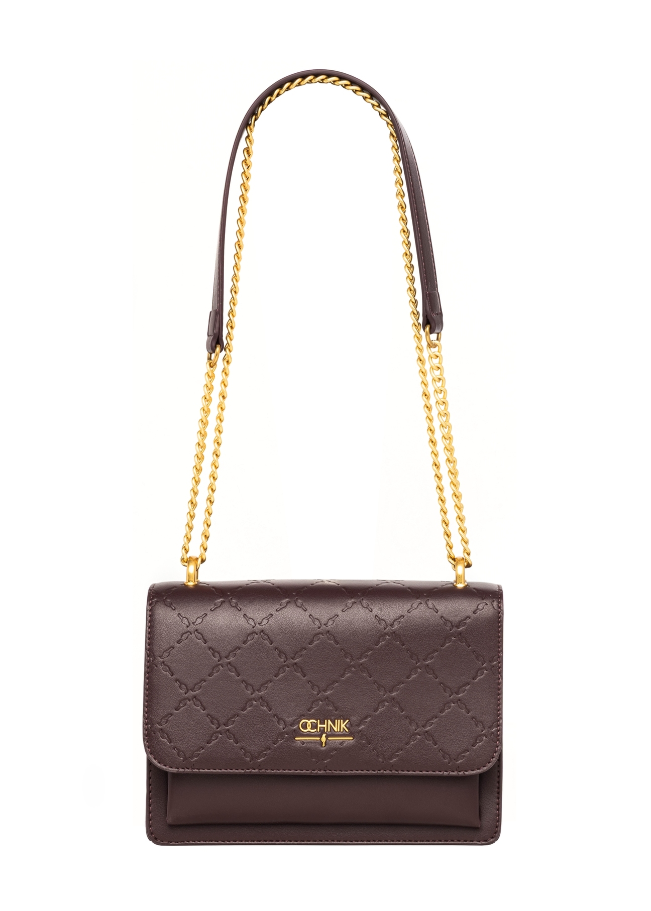 Burgundy women's handbag with monogram TOREC-1155-4P(Z26), product view from the front on a white background.