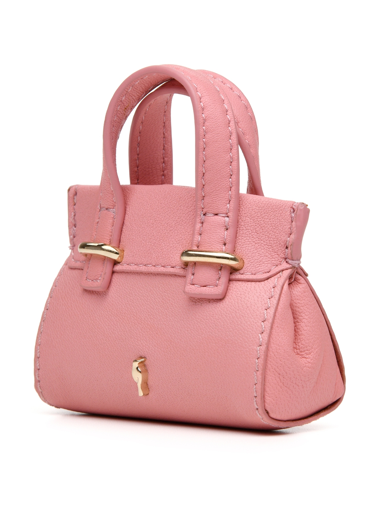 Pink leather bag-shaped keychain BRELOK-0214-31(Z25), diagonal product view on white background.