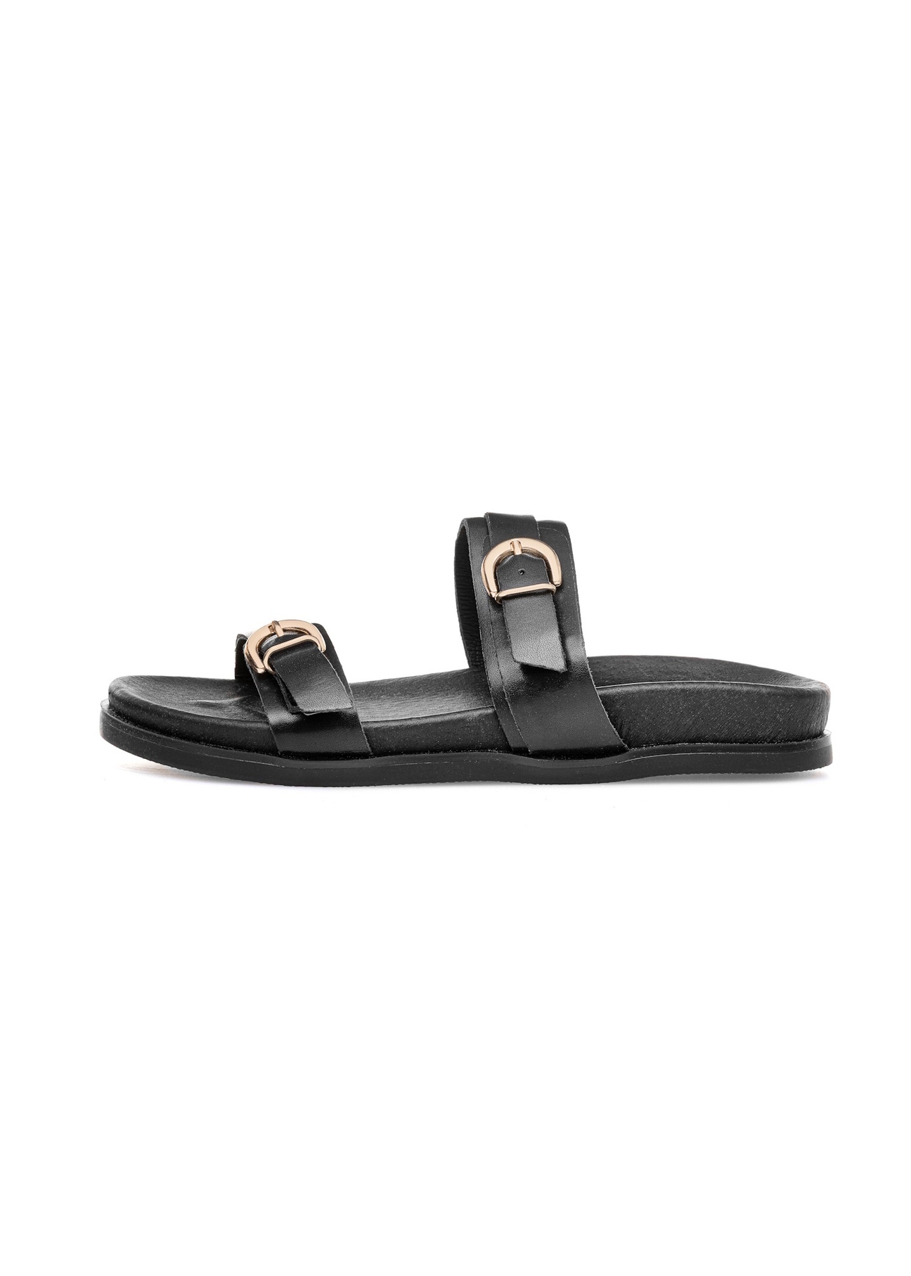 Black women's leather flip-flops BUTYD-1160-99(W25), side view of the product on a white background.