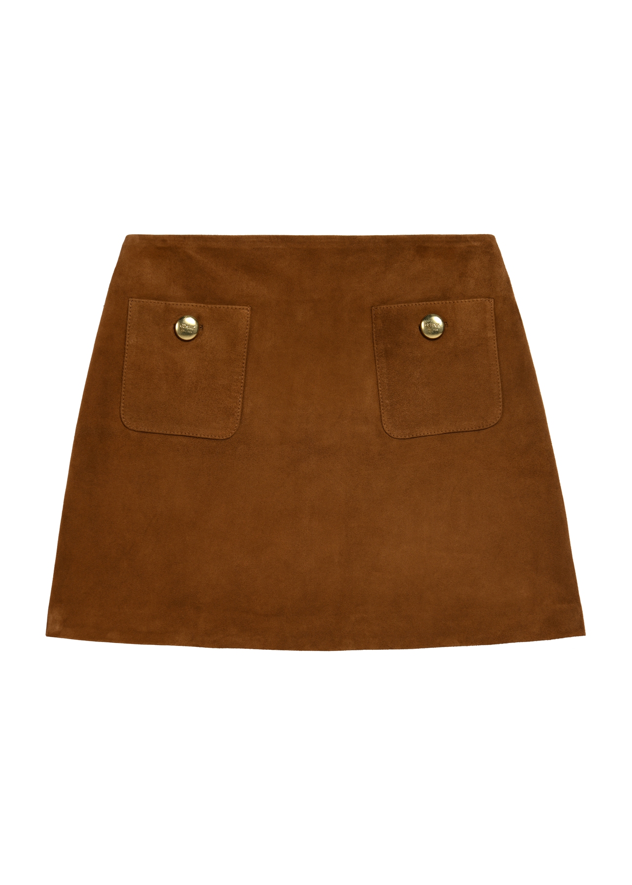 Cognac suede mini skirt SPCDS-0078-3205(Z25), product view from the front on white background.