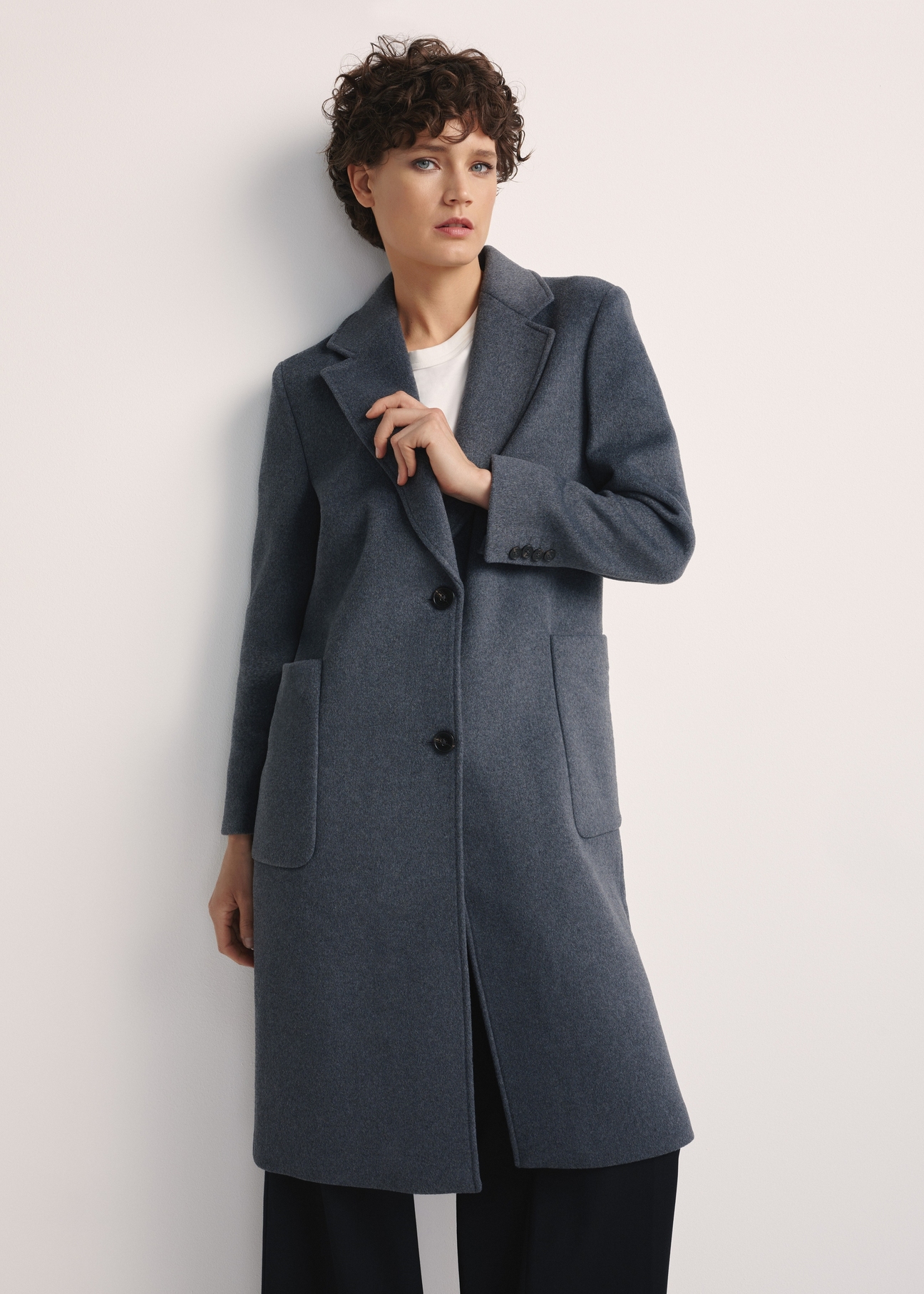 Women's Gray Wool Coat PLADT-0065-91(Z25) - Front product view of a model against a white background. Knee-length silhouette visible.