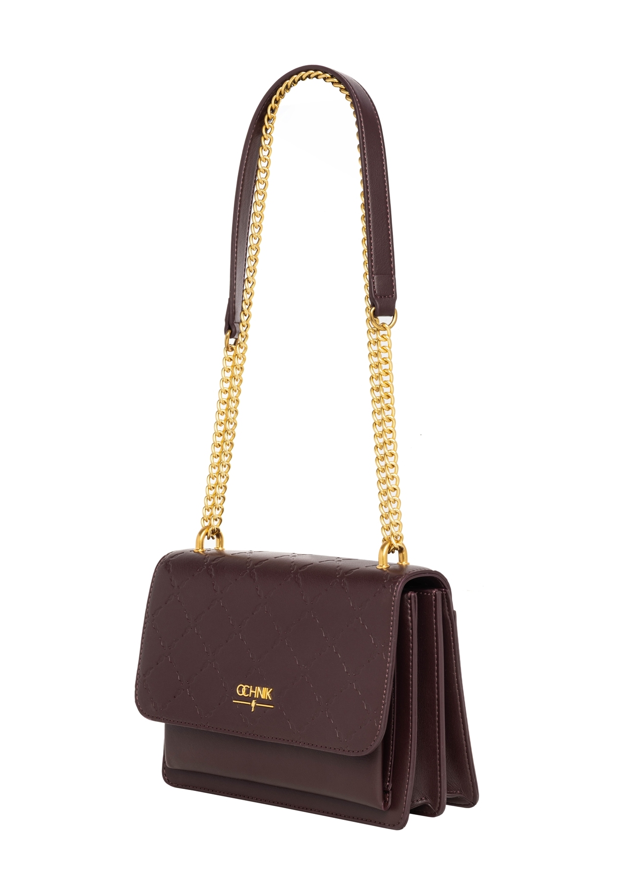 Burgundy women's handbag with monogram TOREC-1155-4P(Z26), diagonal product view on a white background.