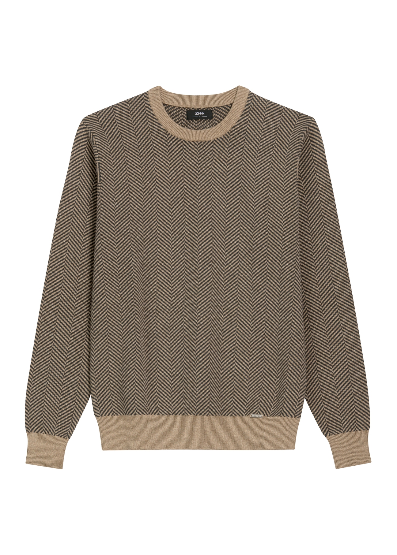 Dark beige men's patterned sweater SWEMT-0195-1D(Z26) - front product view, on a white background.