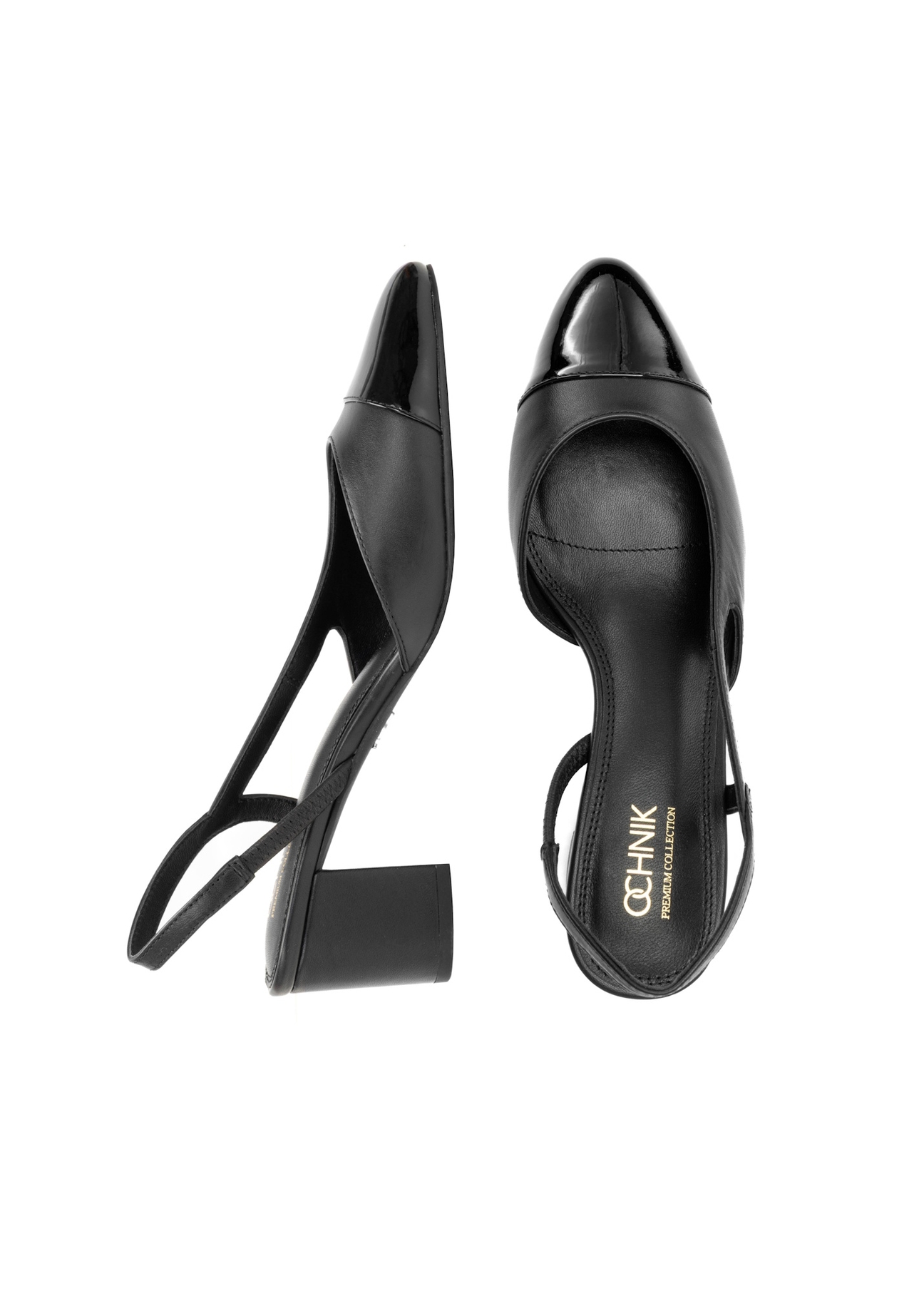 Leather black pumps with open heel BUTYD-1173-99(W26), product view from above on white background.