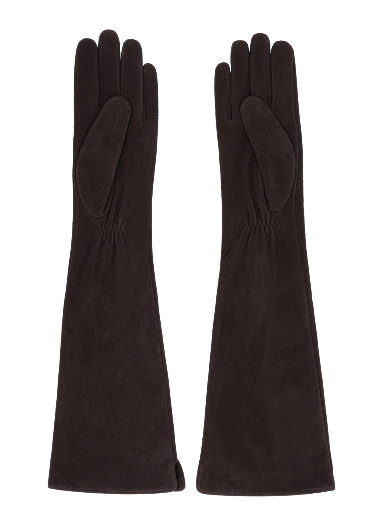 Long dark brown leather women's gloves REKDS-0088-1I(Z26), product view from the back on a white background.