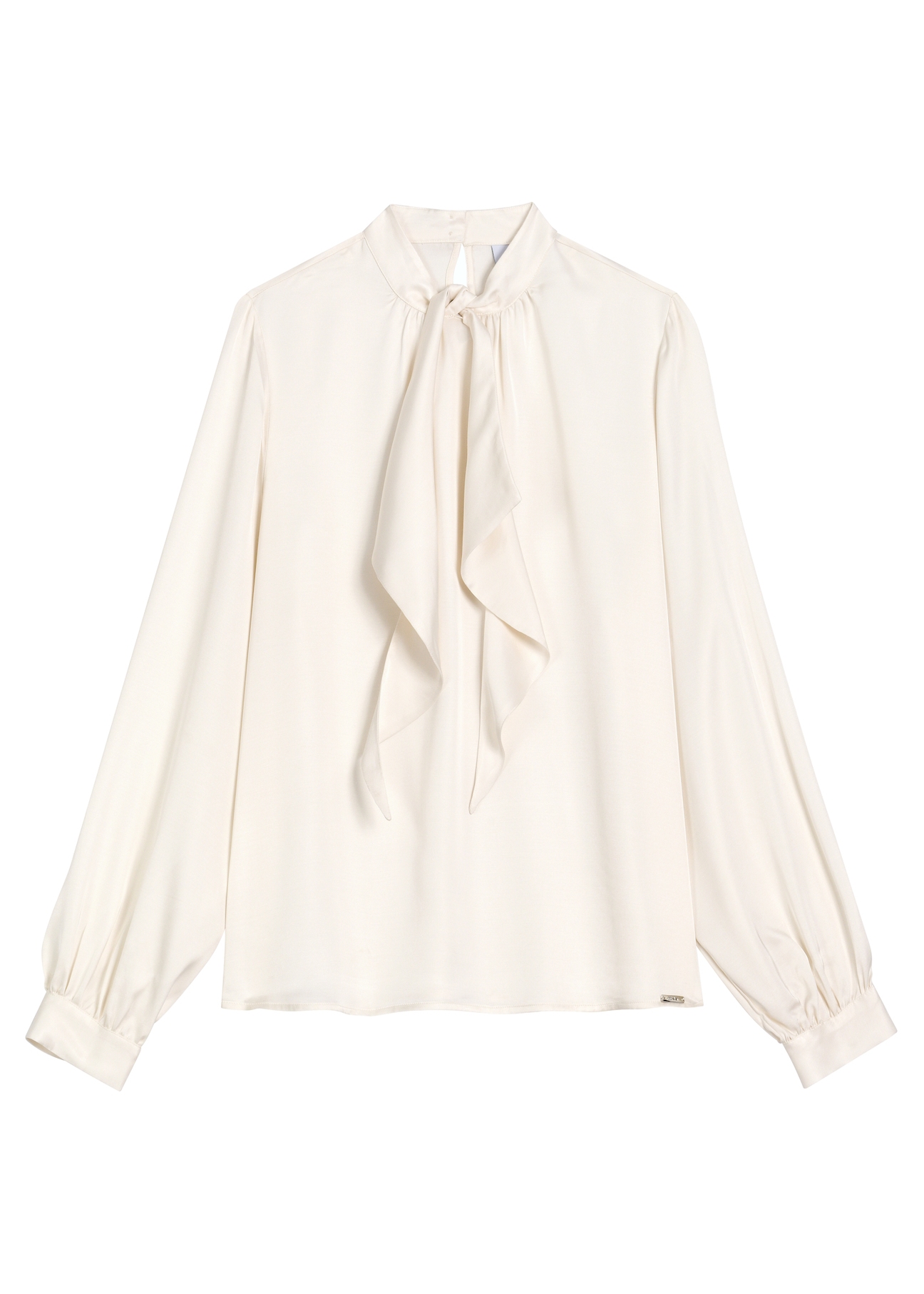 Cream elegant women's blouse with ties BLUDT-0213-0C(Z26), product view from the front on a white background.