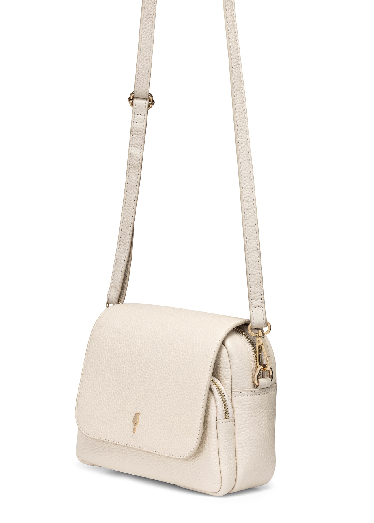 Cream leather women's messenger bag TORES-0958C-12(W25) – diagonal view of the bag with a strap on a white background.
