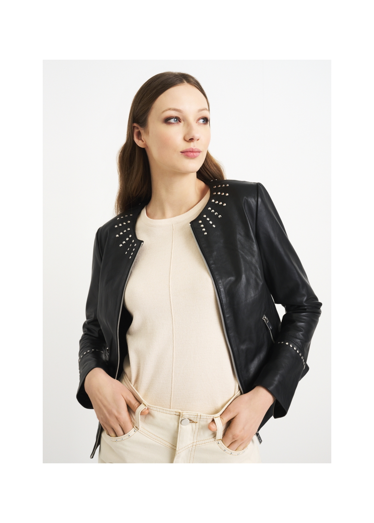 Women's leather jacket with rhinestones KURDS-0356-5339(W22)-01