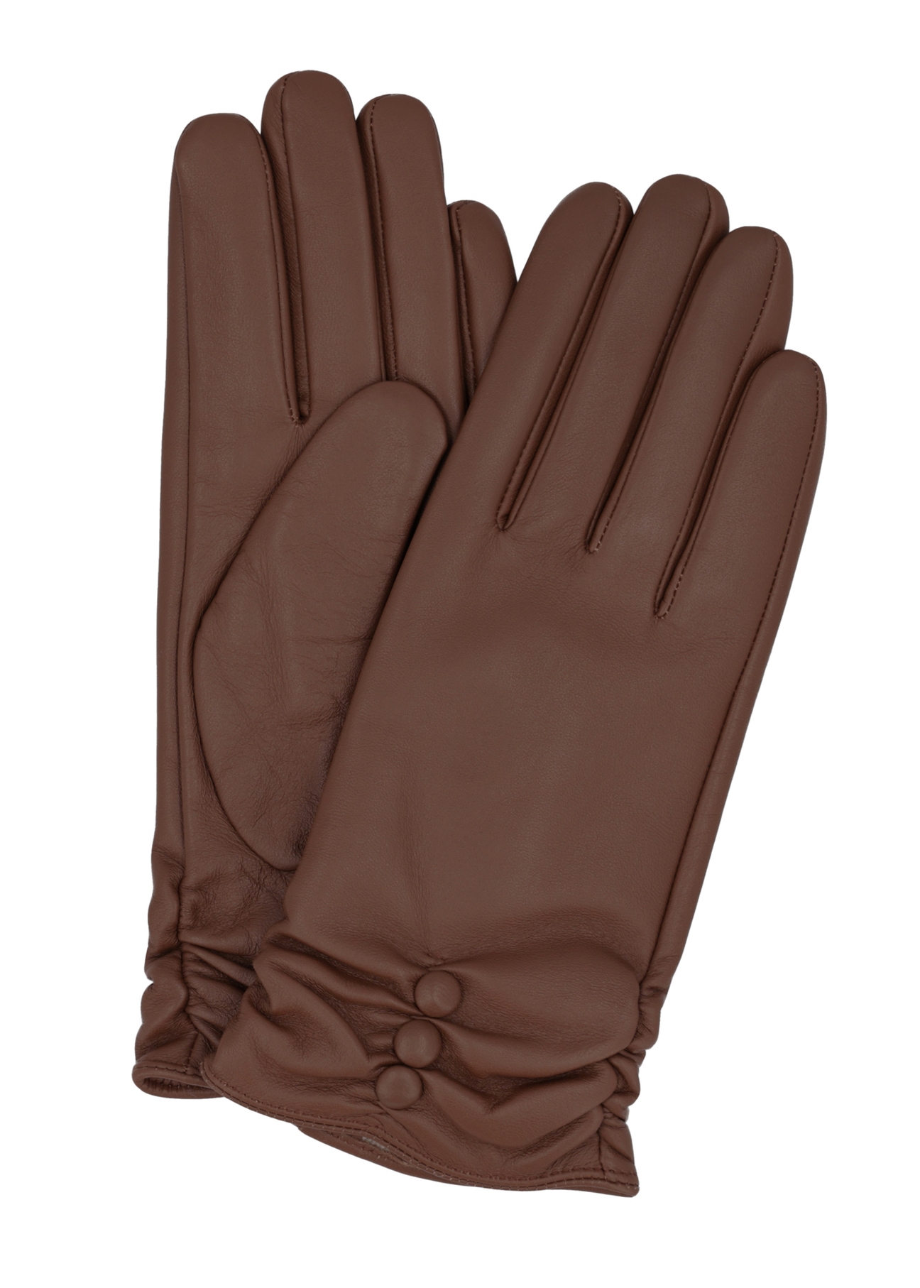 Women's brown leather gloves REKDS-0032-1D(Z26), product view from the front and back on a white background.