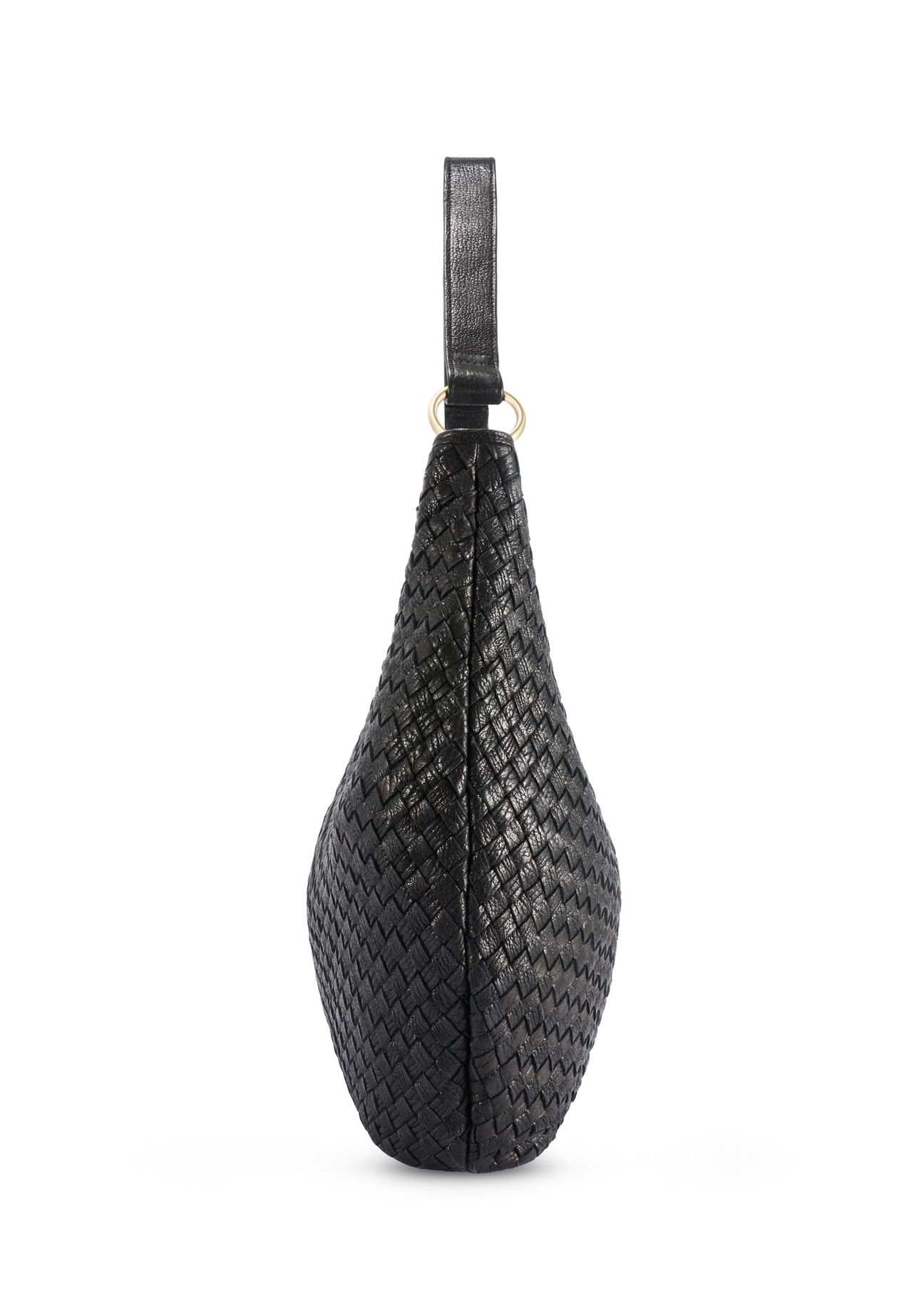 Black leather woven handbag TORES-1242-9P(W26), side product view on white background.