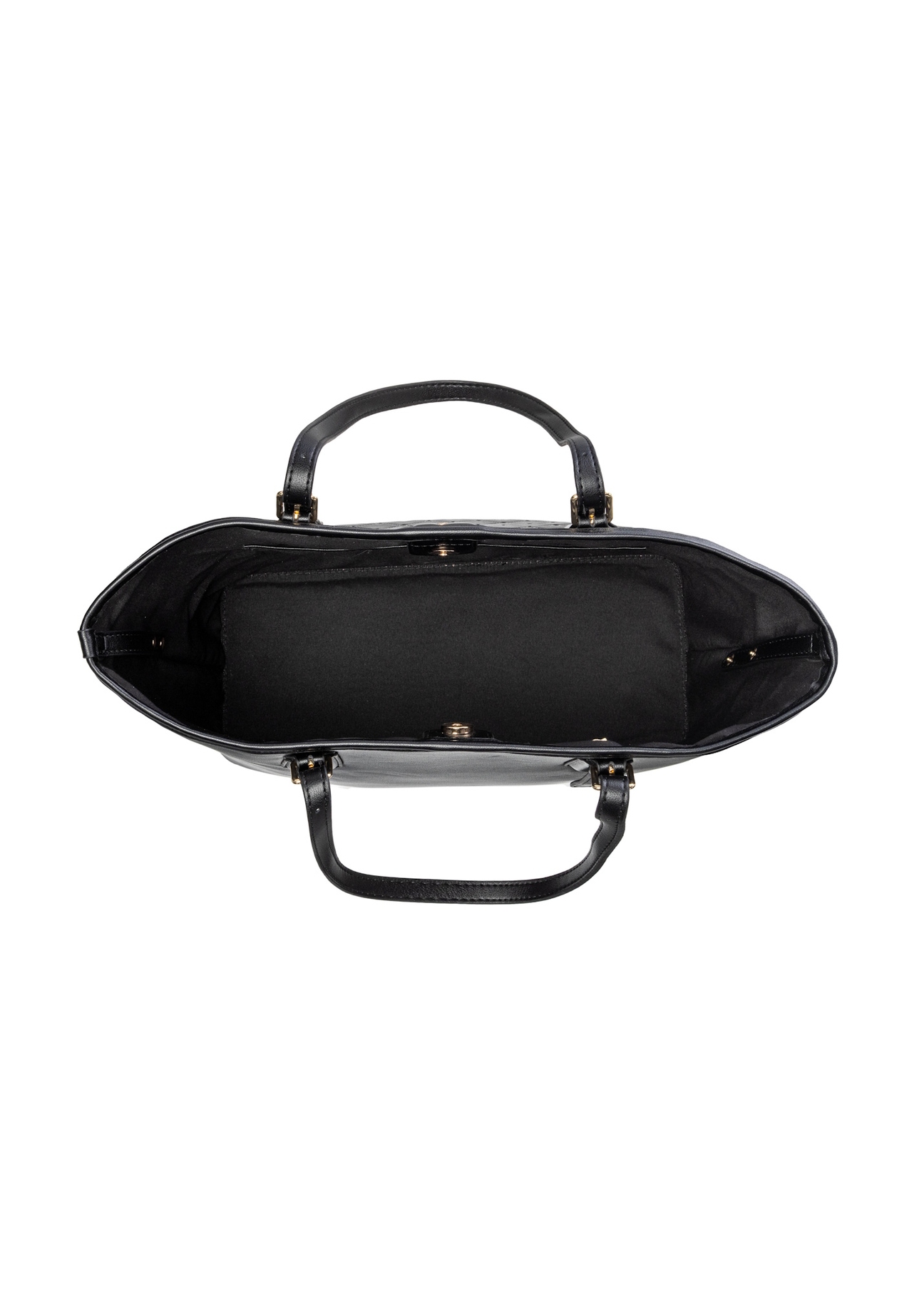 Black shopper bag with monogram TOREC-1181-9P(W26), product view inside on white background.