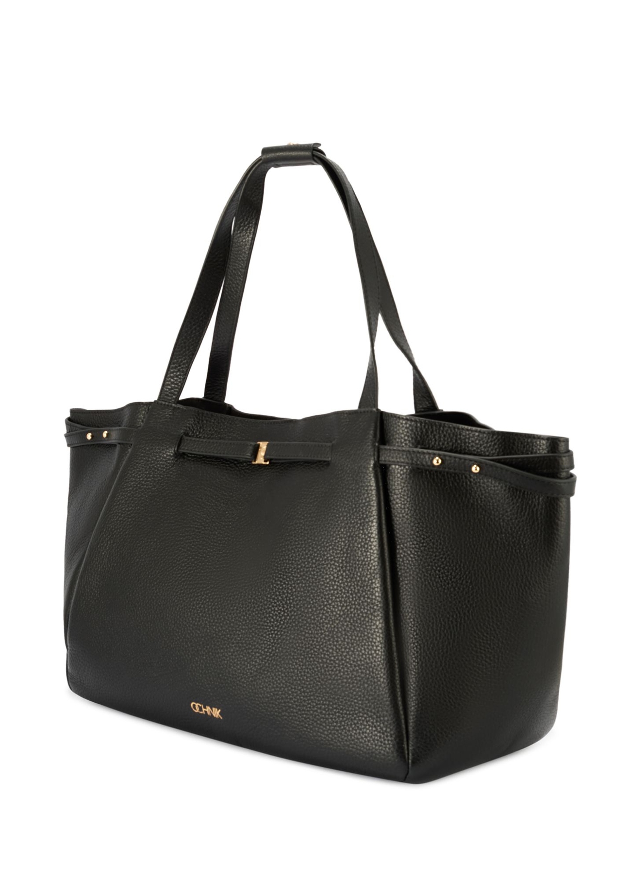 Black leather shopper bag TORES-1207-9I(W26) - diagonal product view, on a white background.