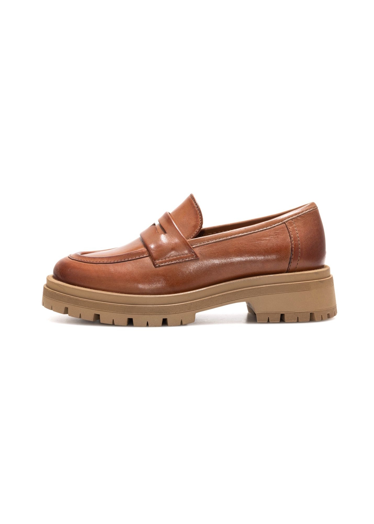 Women's leather moccasins in cognac color BUTYD-1187-1F(Z26), side view of the product on a white background.