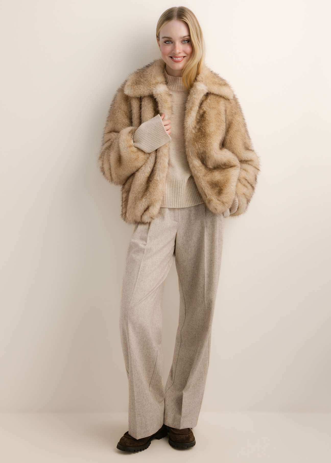 Beige short women's fur coat FUTDP-0091-1B(Z26), front view of the product on the model. Full body visible.