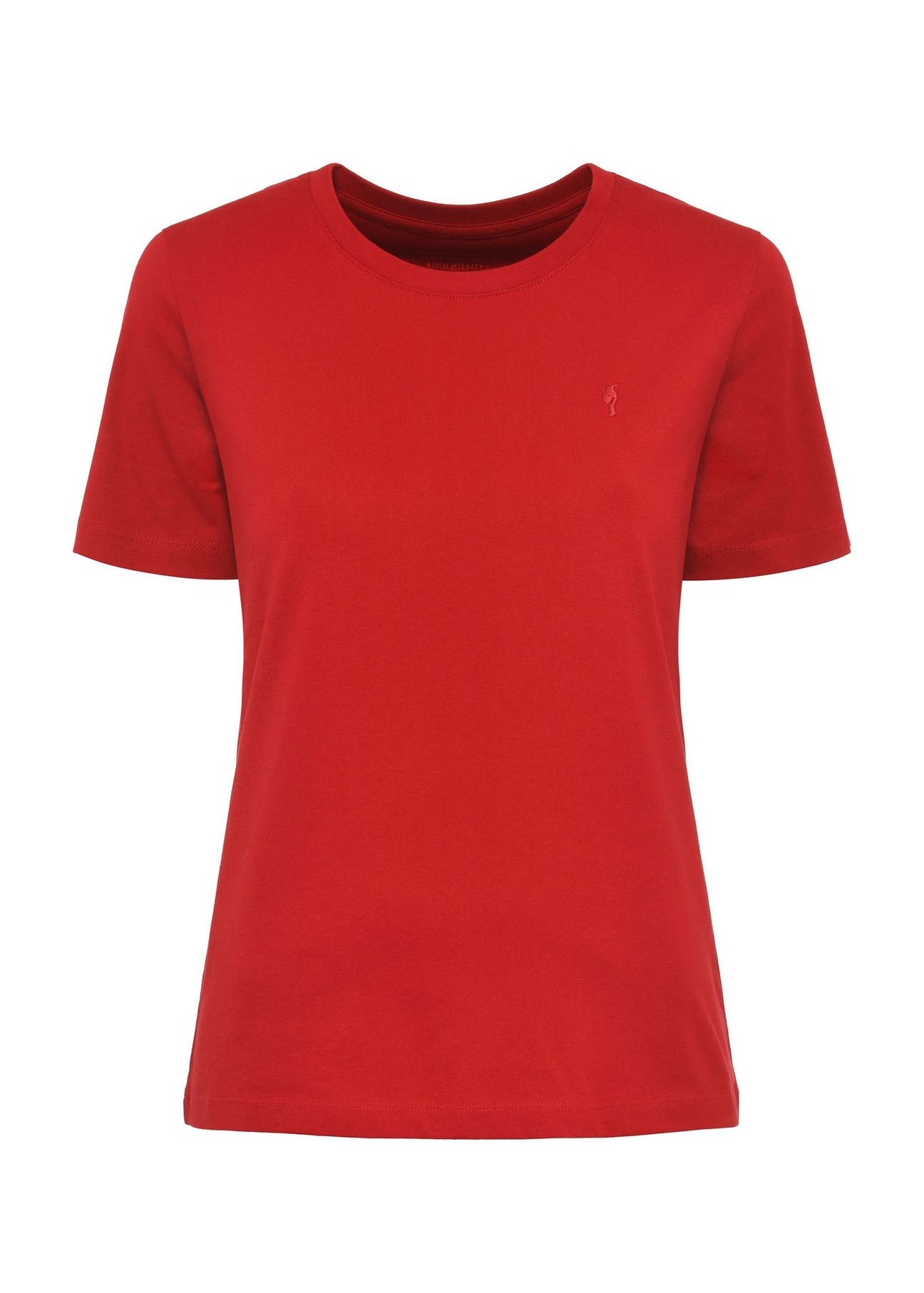 Red women's t-shirt with emblem TSHDT-0134-42(Z24)