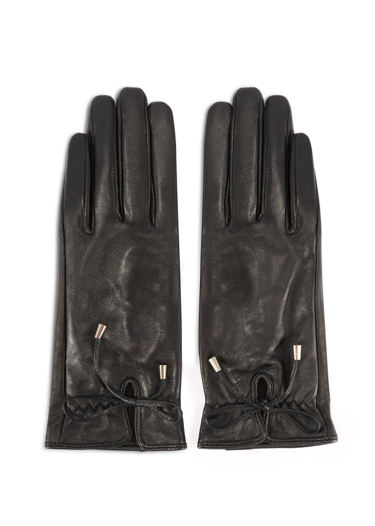Women's leather gloves with ties REKDS-0021A-99(Z25), product view from the front on a white background.