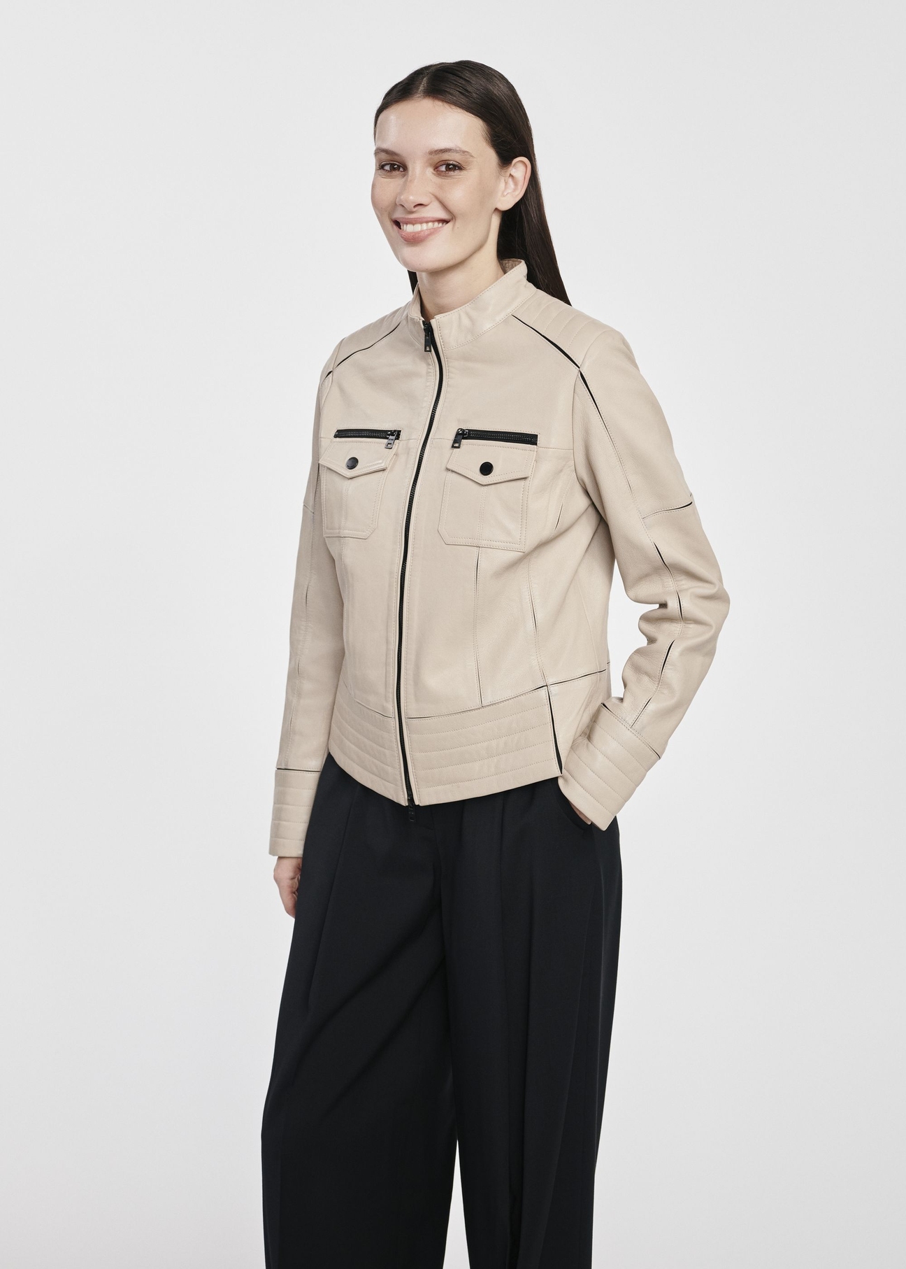 Beige leather biker jacket for women KURDS-0528-2841(W25)-03