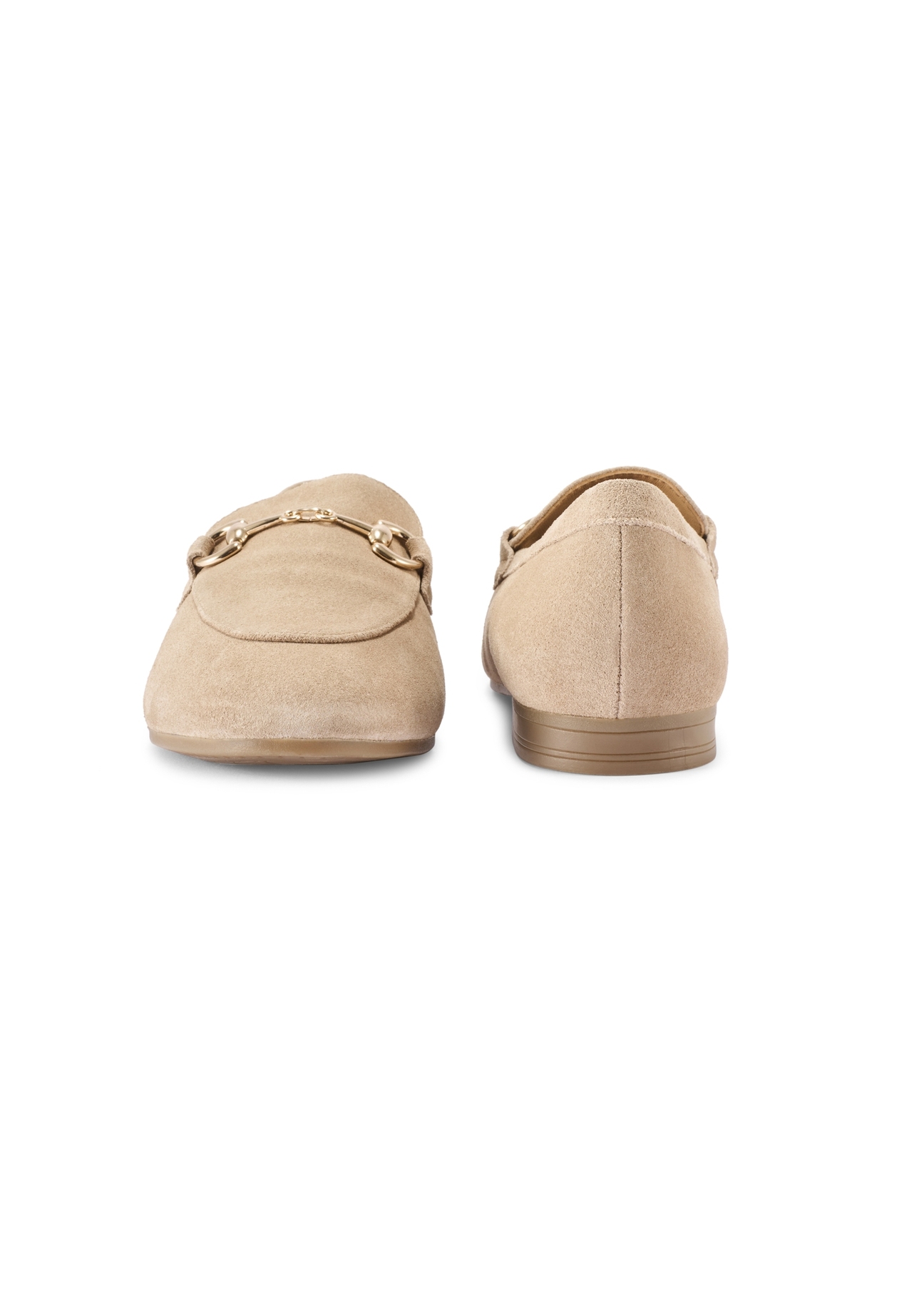 Dark beige suede women's moccasins BUTYD-1257-1K(W26), front and back product view on white background.