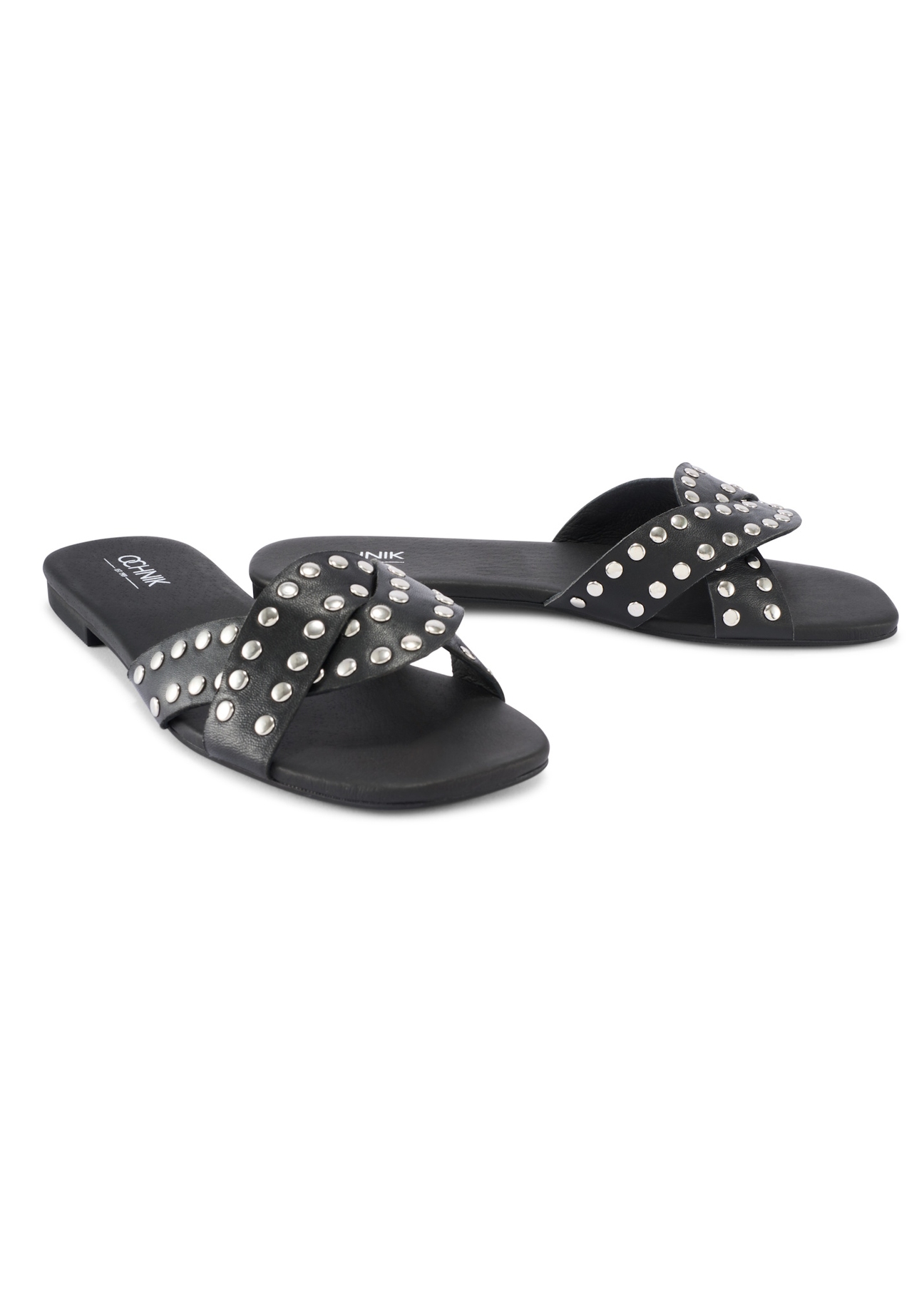 Women's black leather mules with rhinestones BUTYD-1226-99(W26), diagonal product view on a white background.