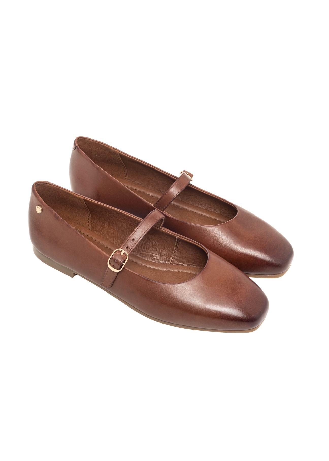 Brown leather ballet flats with belt BUTYD-1145-1H(Z26), diagonal product view on white background.