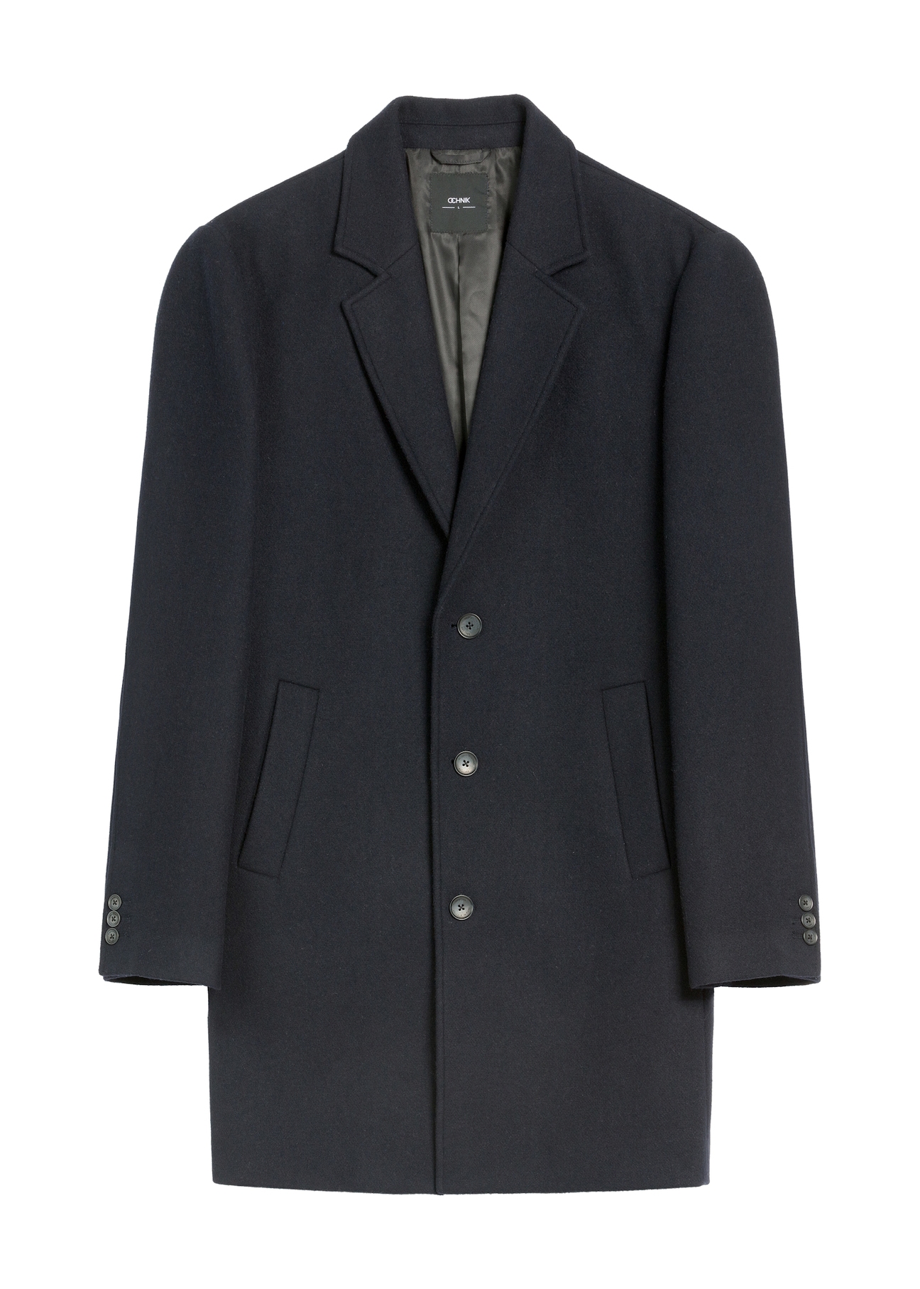 Navy blue men's coat PLAMT-0006-69(Z25), product view from the front on a white background.