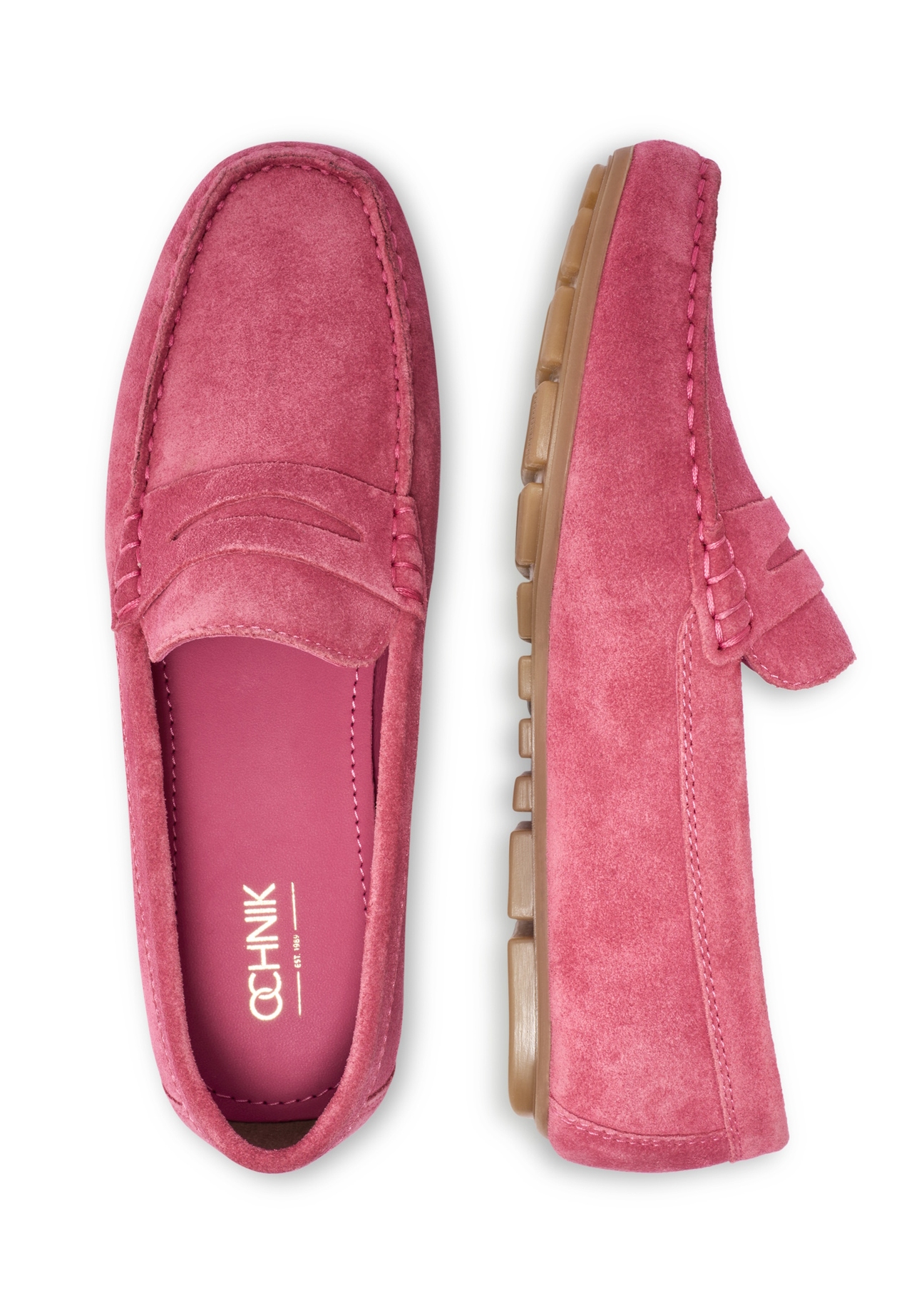 Women's leather moccasins in fuchsia color BUTYD-1262-5E(W26), product view from above on a white background.