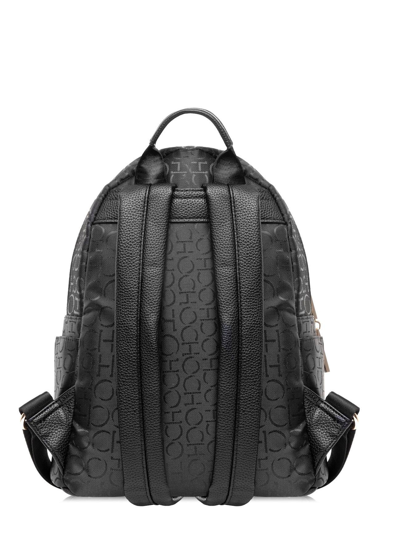 Black women's backpack with monogram TOREN-0280A-99(W25), product view from the back on white background.