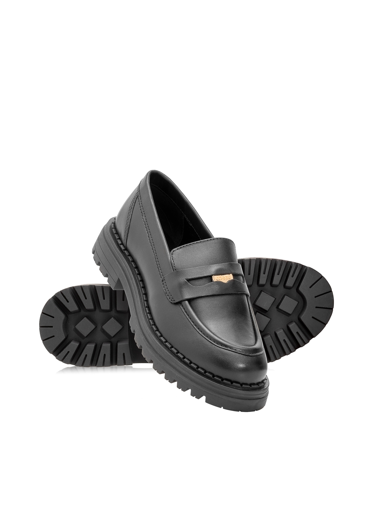 Women's black leather moccasins with logo BUTYD-1197-99(Z25), product view diagonally from the top and bottom on a white background.