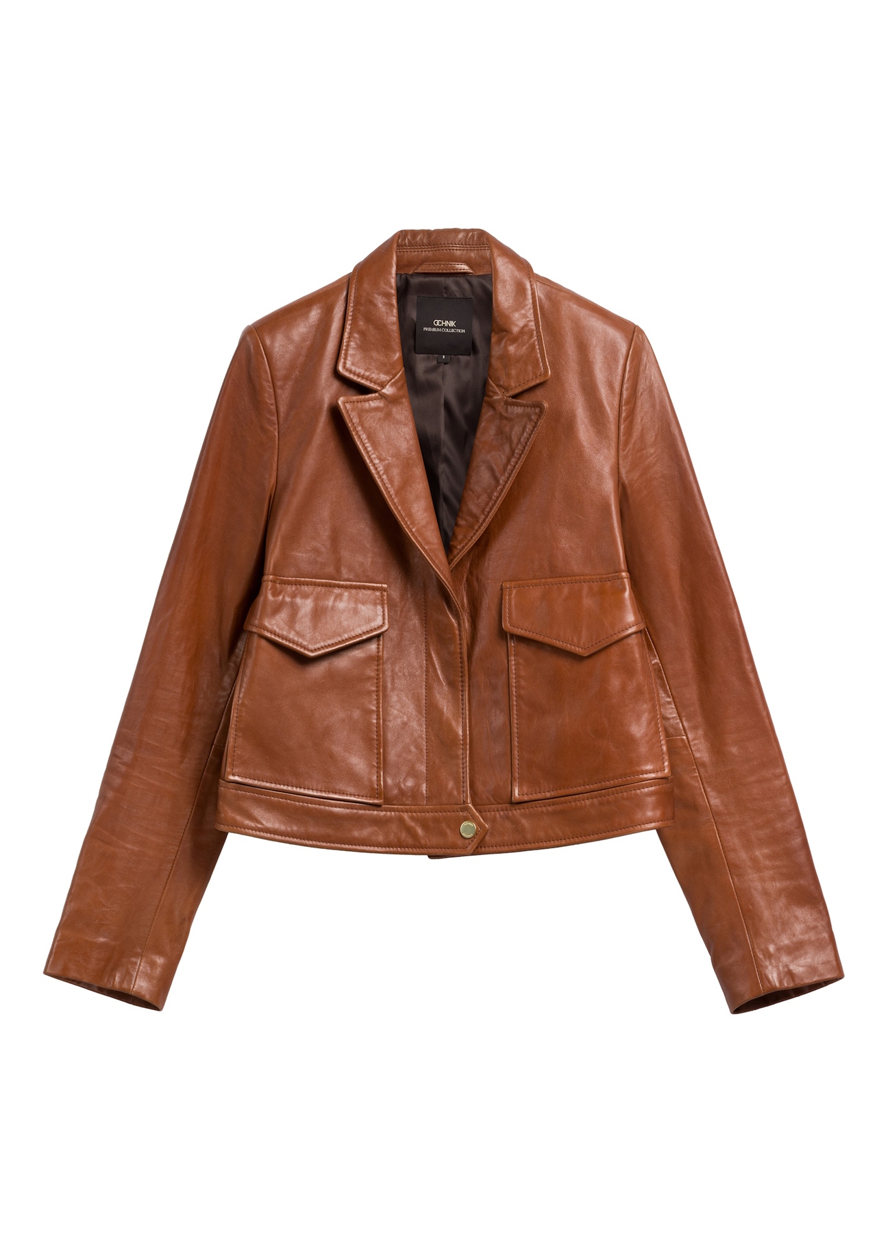 Women's short leather jacket in camel color KURDS-0471-1D(W26), front product view on white background.