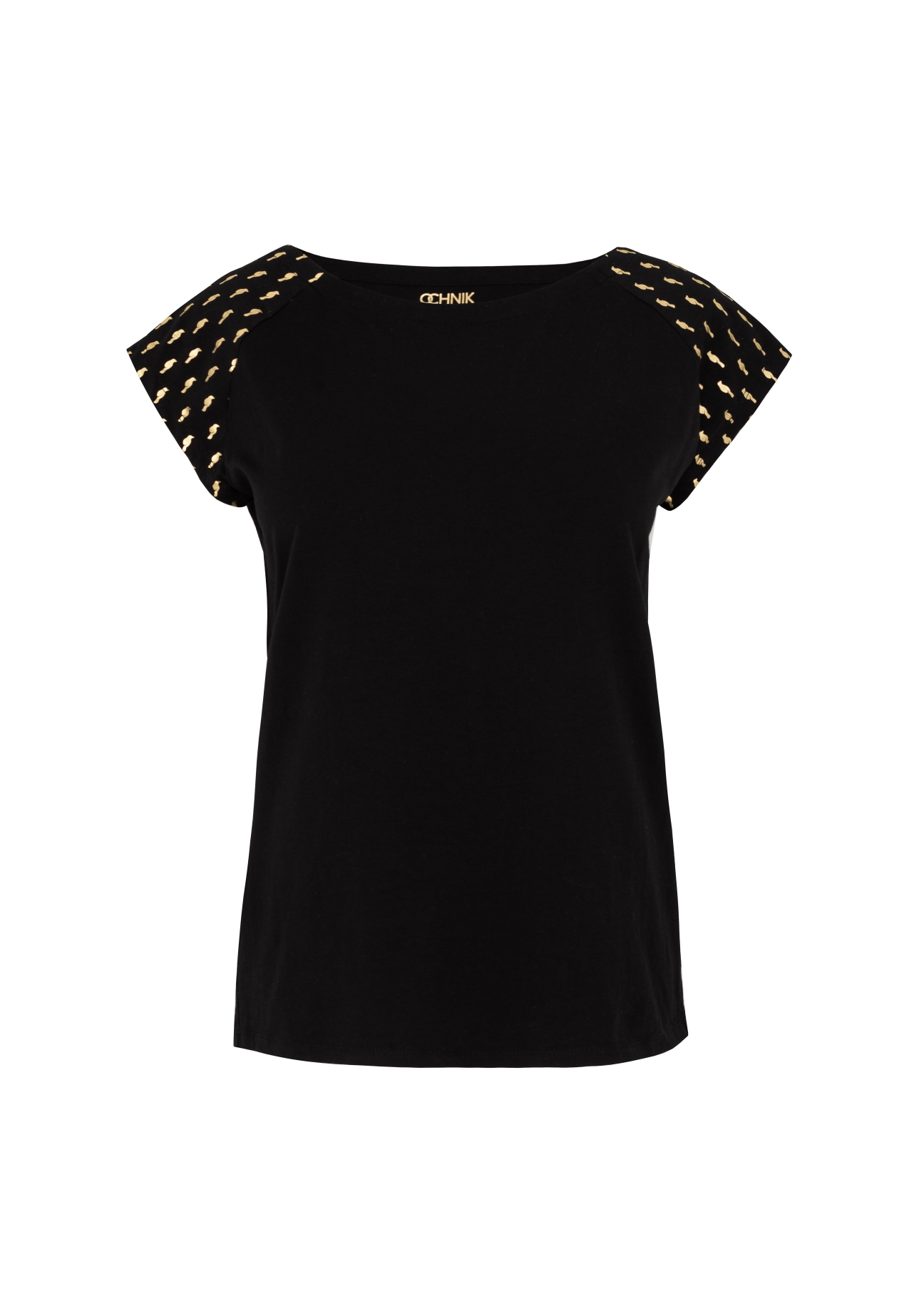 Black T-shirt with gold print for women TSHDT-0060-99(W21)-04