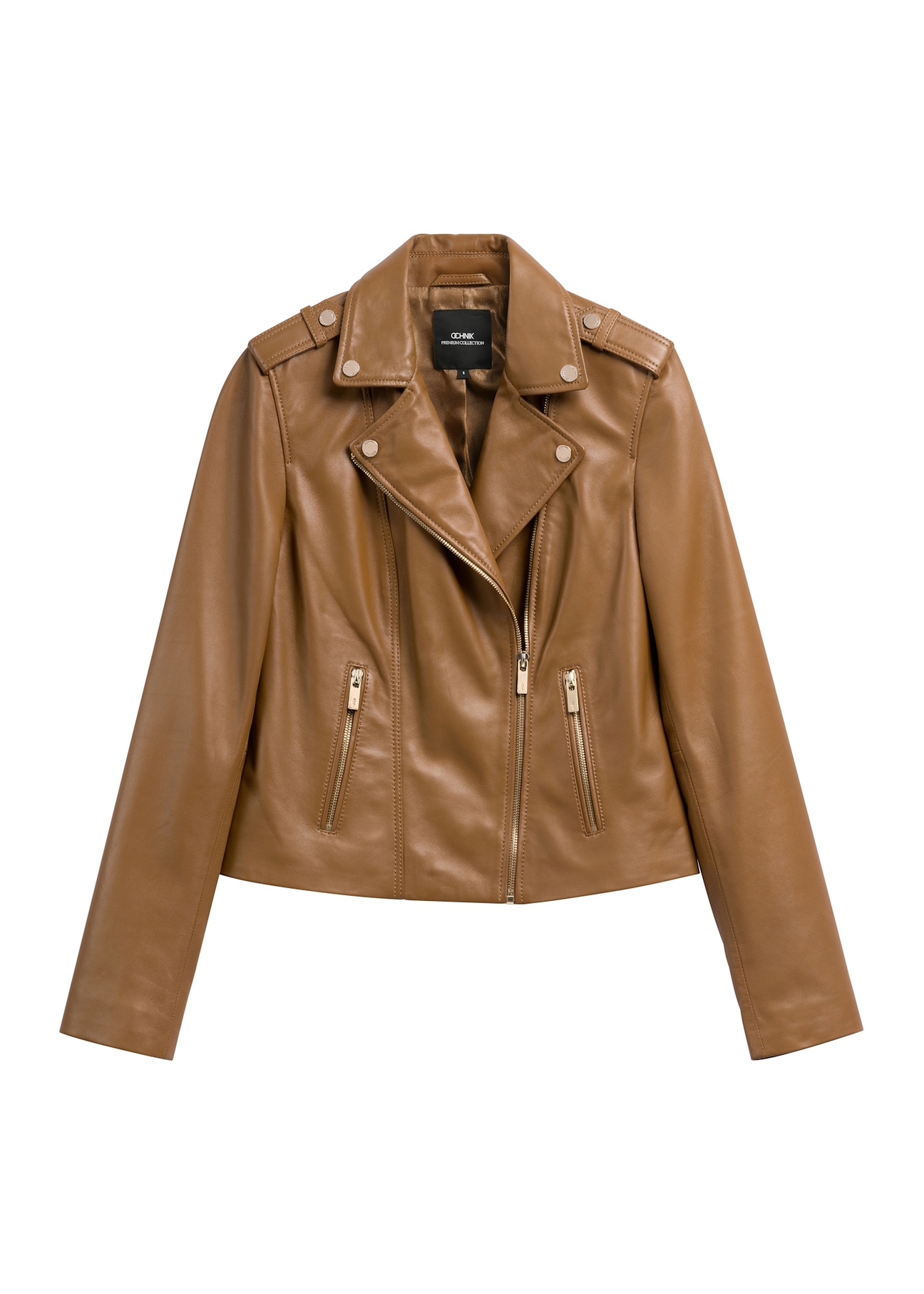 Beige women's leather jacket KURDS-0601-1B(W26), front product view on white background.