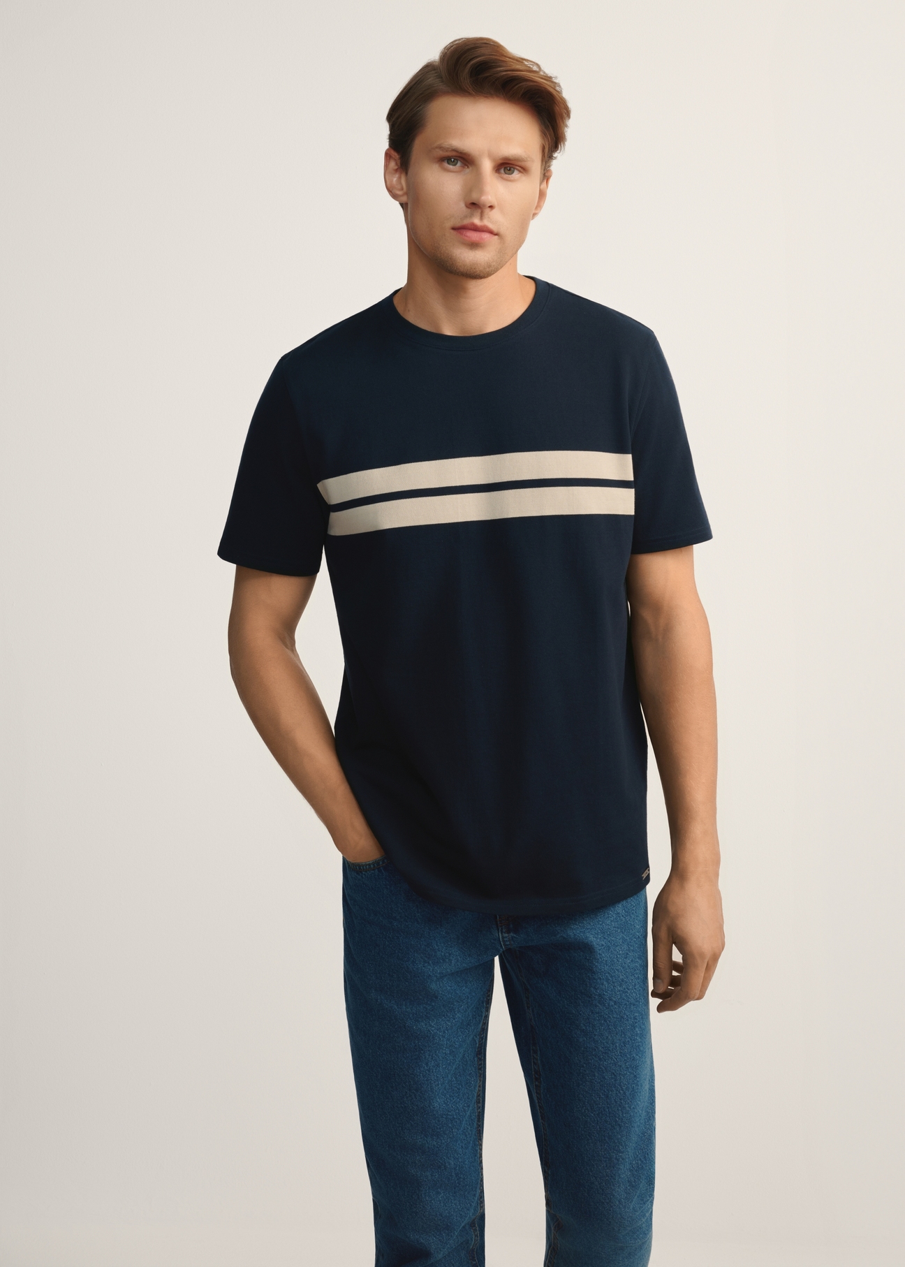 Navy blue cotton men's t-shirt TSHMT-0129-68(Z25), front view of the product on the model, half of the silhouette visible.